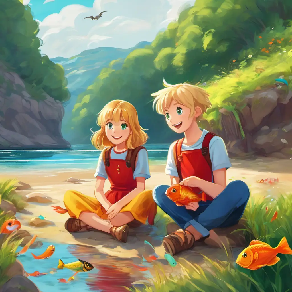 Boy Maris: Short brown hair, blue eyes, wearing a red t-shirt and jeans and Girl Merike: Long blonde hair, green eyes, wearing a yellow sundress sitting near the shore, their feet dipped in water, with colorful fish swimming around, and Morris excitedly barking.