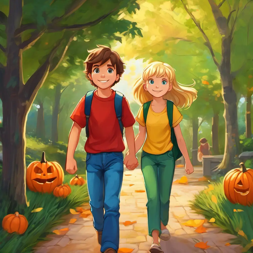 Boy Maris: Short brown hair, blue eyes, wearing a red t-shirt and jeans, Girl Merike: Long blonde hair, green eyes, wearing a yellow sundress, and Morris walking back home, holding hands, with smiles on their faces.