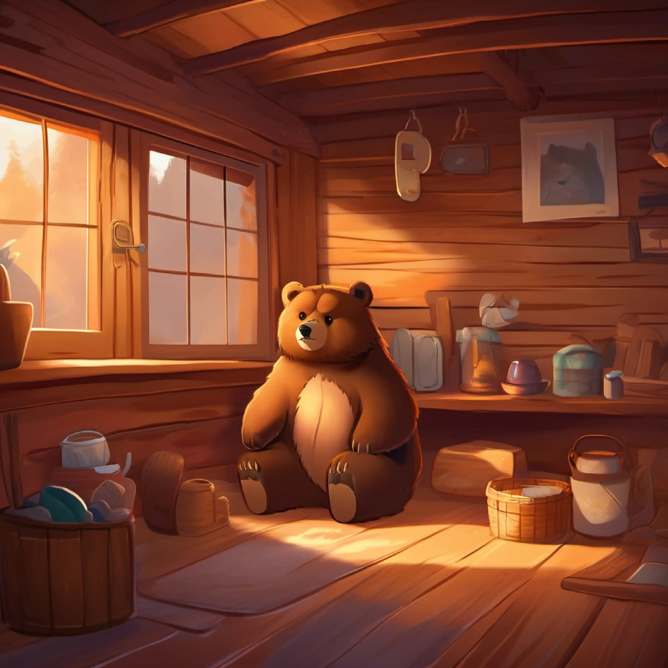 Morning in the cabin, Little bear, fluffy, brown fur, big brown eyes waking up feeling sad.