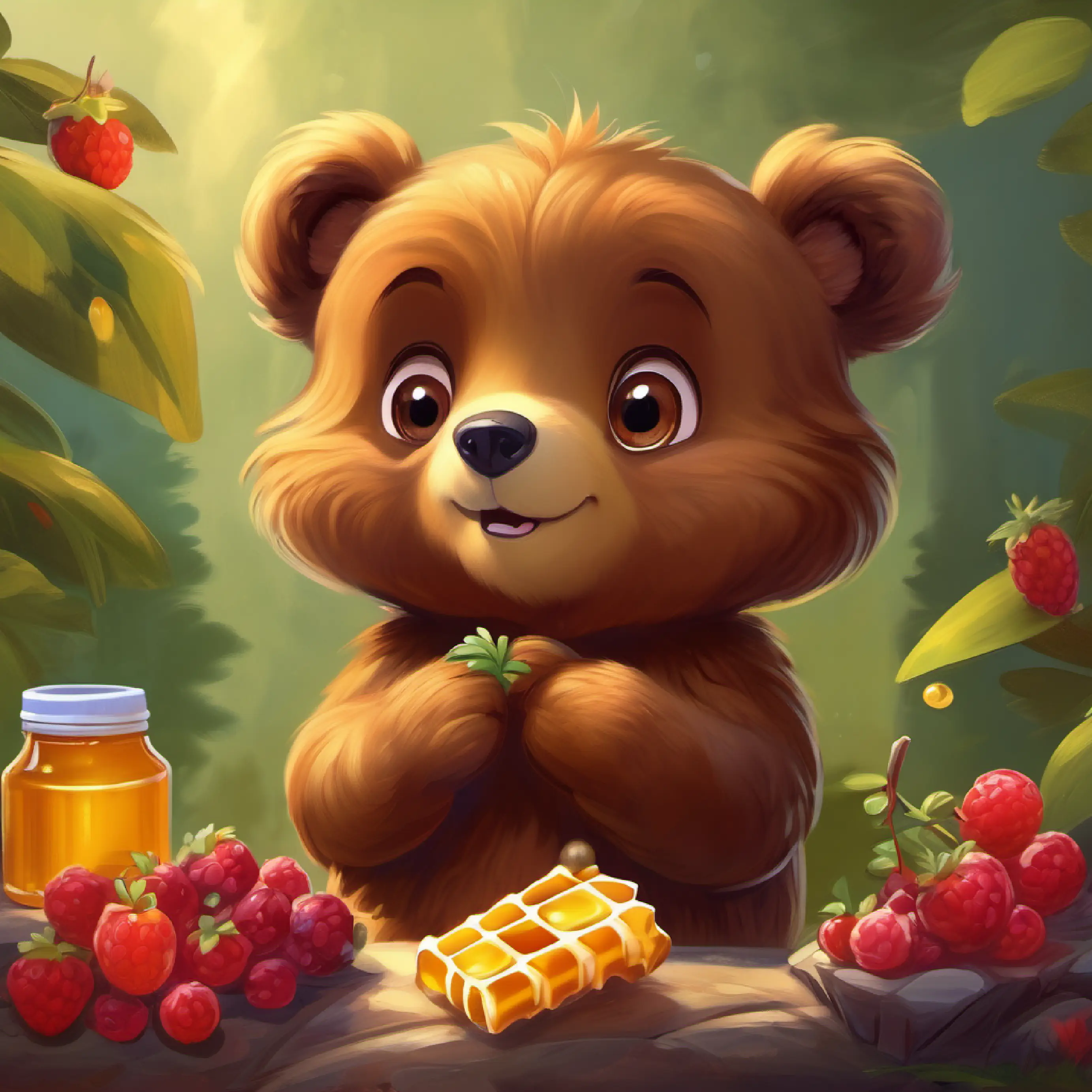 Little bear, fluffy, brown fur, big brown eyes loves eating honey and berries but forgets to brush his teeth.