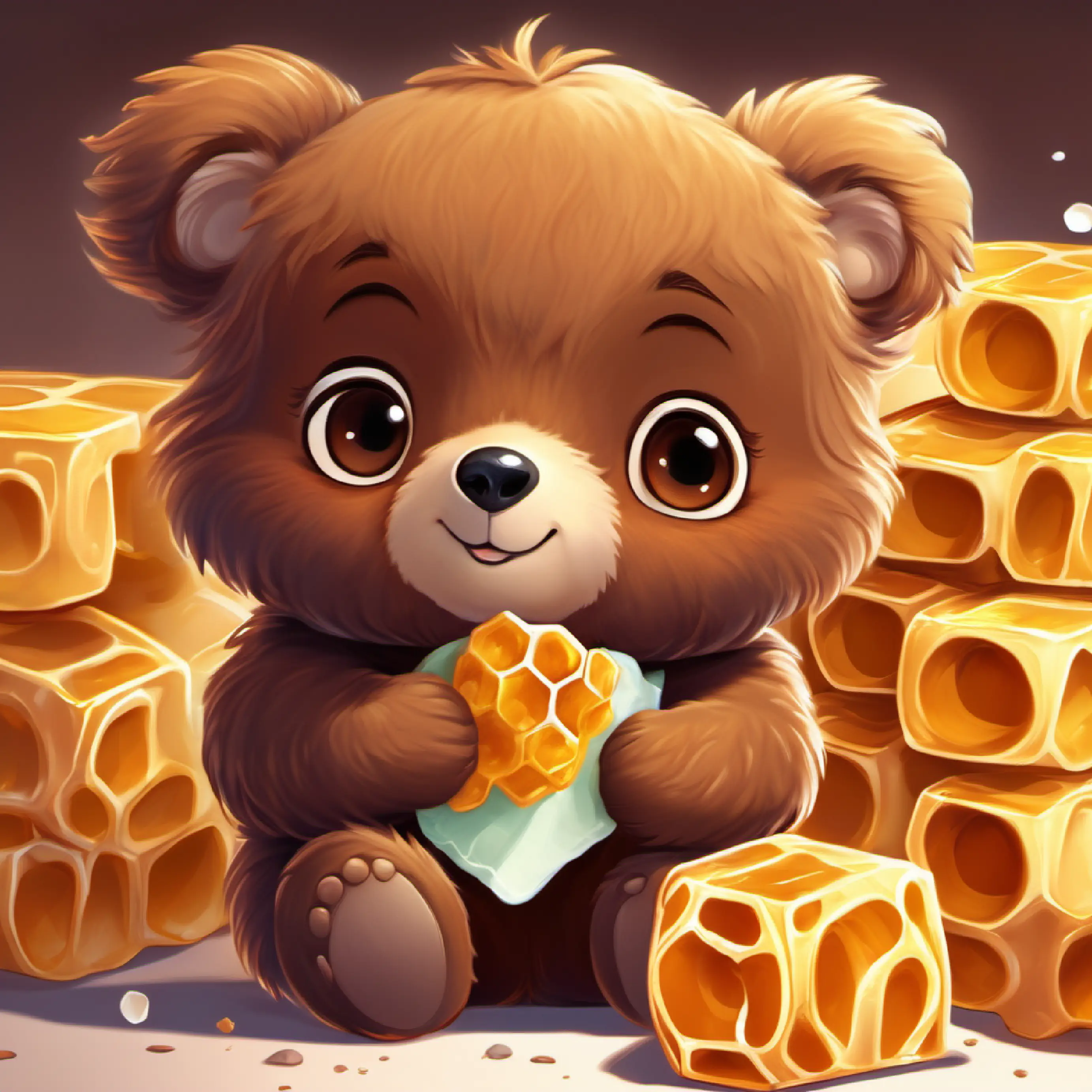 Little bear, fluffy, brown fur, big brown eyes feels tooth pain while eating honeycomb.