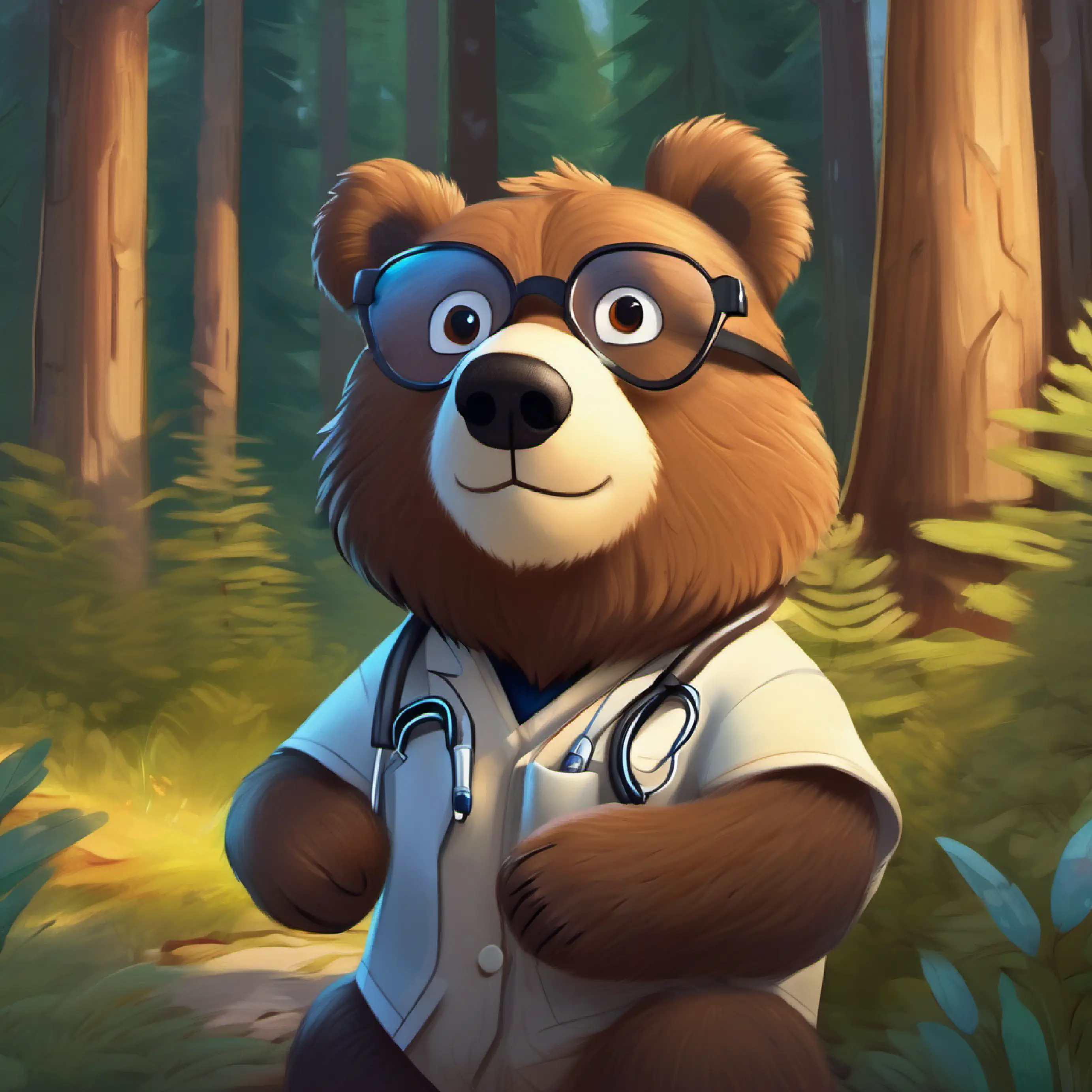 Little bear, fluffy, brown fur, big brown eyes visiting Bear doctor, grey fur, kind eyes, wearing glasses, the forest's bear doctor.