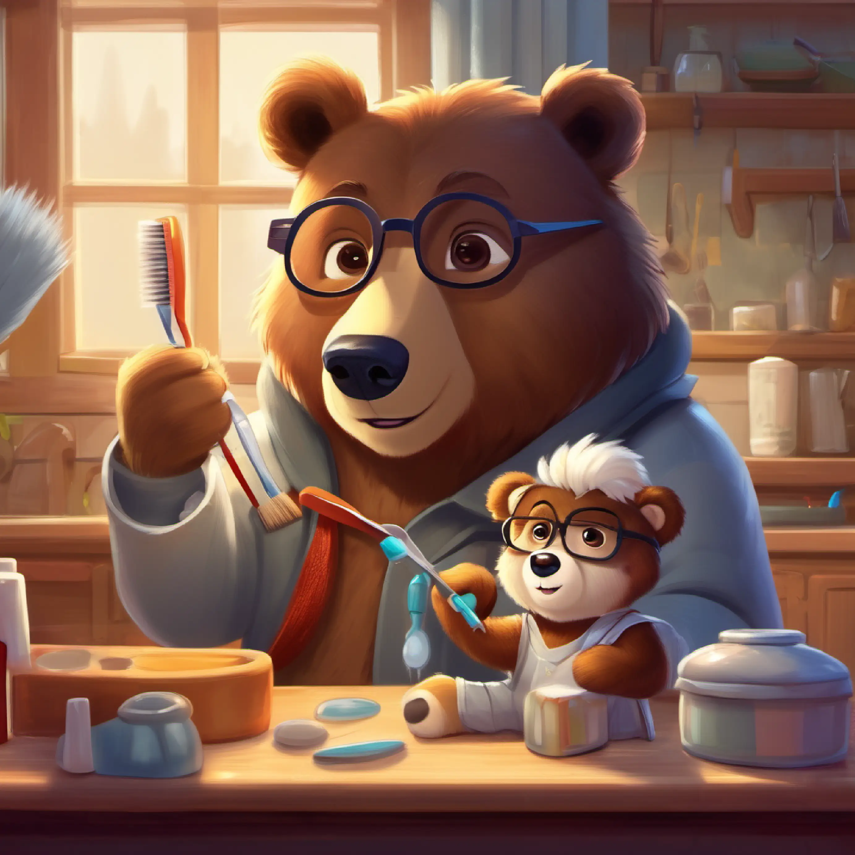 Bear doctor, grey fur, kind eyes, wearing glasses teaching Little bear, fluffy, brown fur, big brown eyes how to brush his teeth properly.