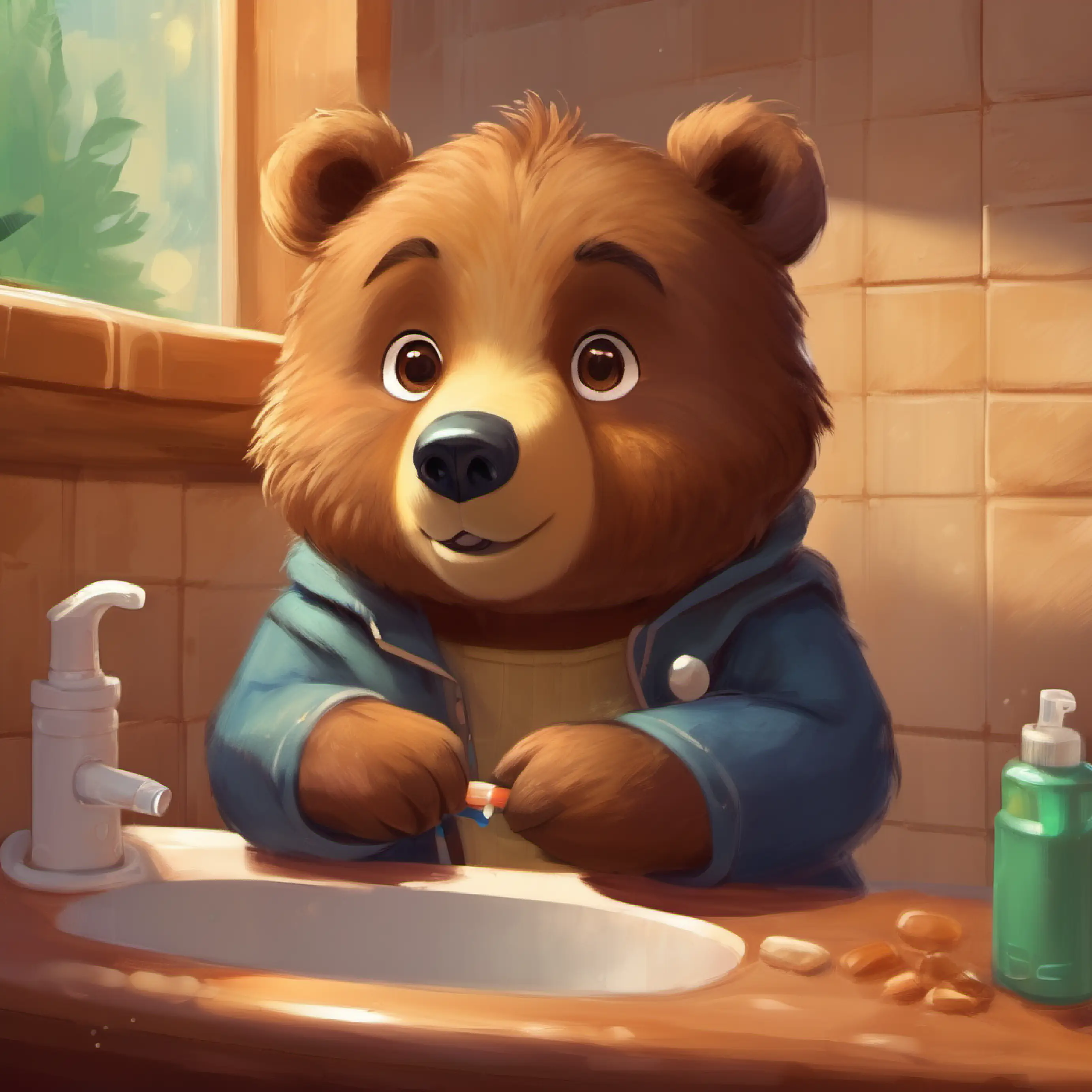 Little bear, fluffy, brown fur, big brown eyes brushing his teeth regularly and getting better.