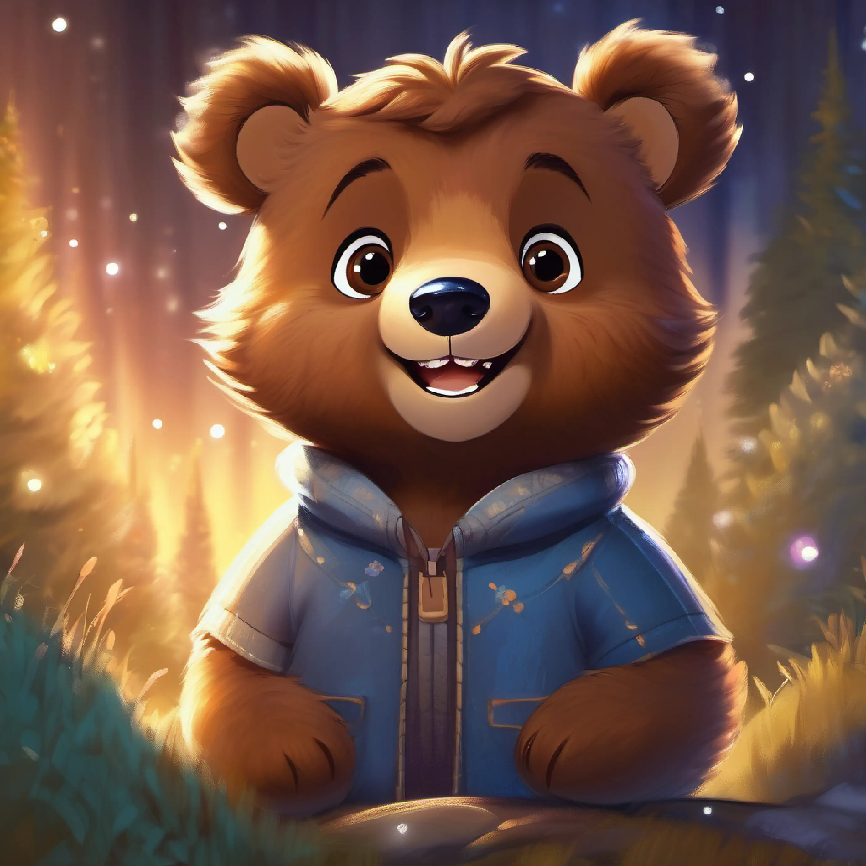 Little bear, fluffy, brown fur, big brown eyes's friends are happy seeing his sparkly teeth.