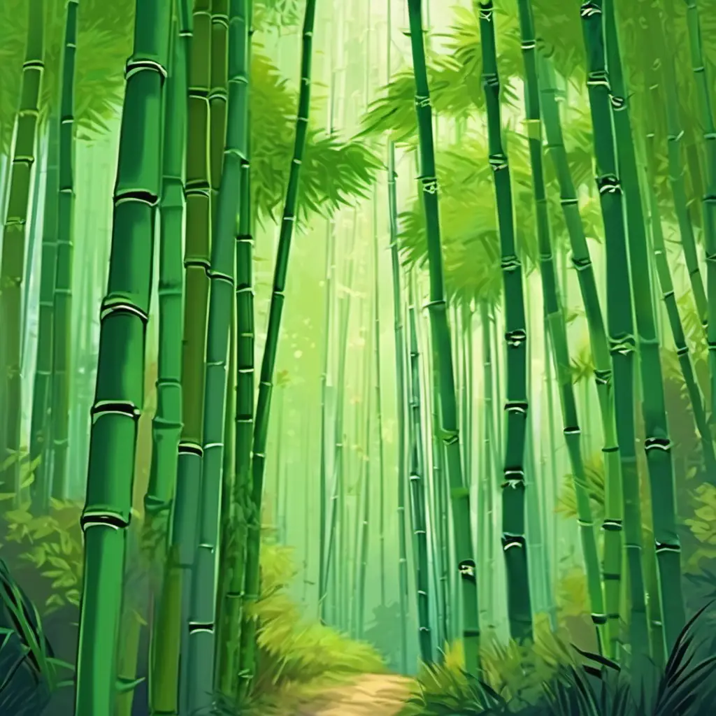 A beautiful forest with a tall and strong bamboo tree named Tall green bamboo tree that sways gently in the breeze.