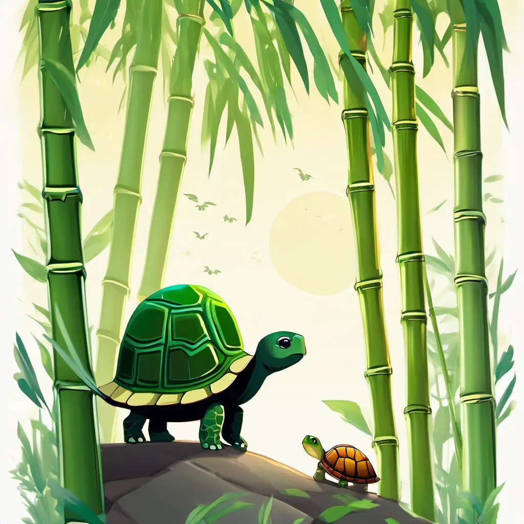 Tall green bamboo tree that sways gently in the breeze sitting under the sun, and a small turtle named Small turtle with a dark green shell and kind, twinkling eyes approaching him.