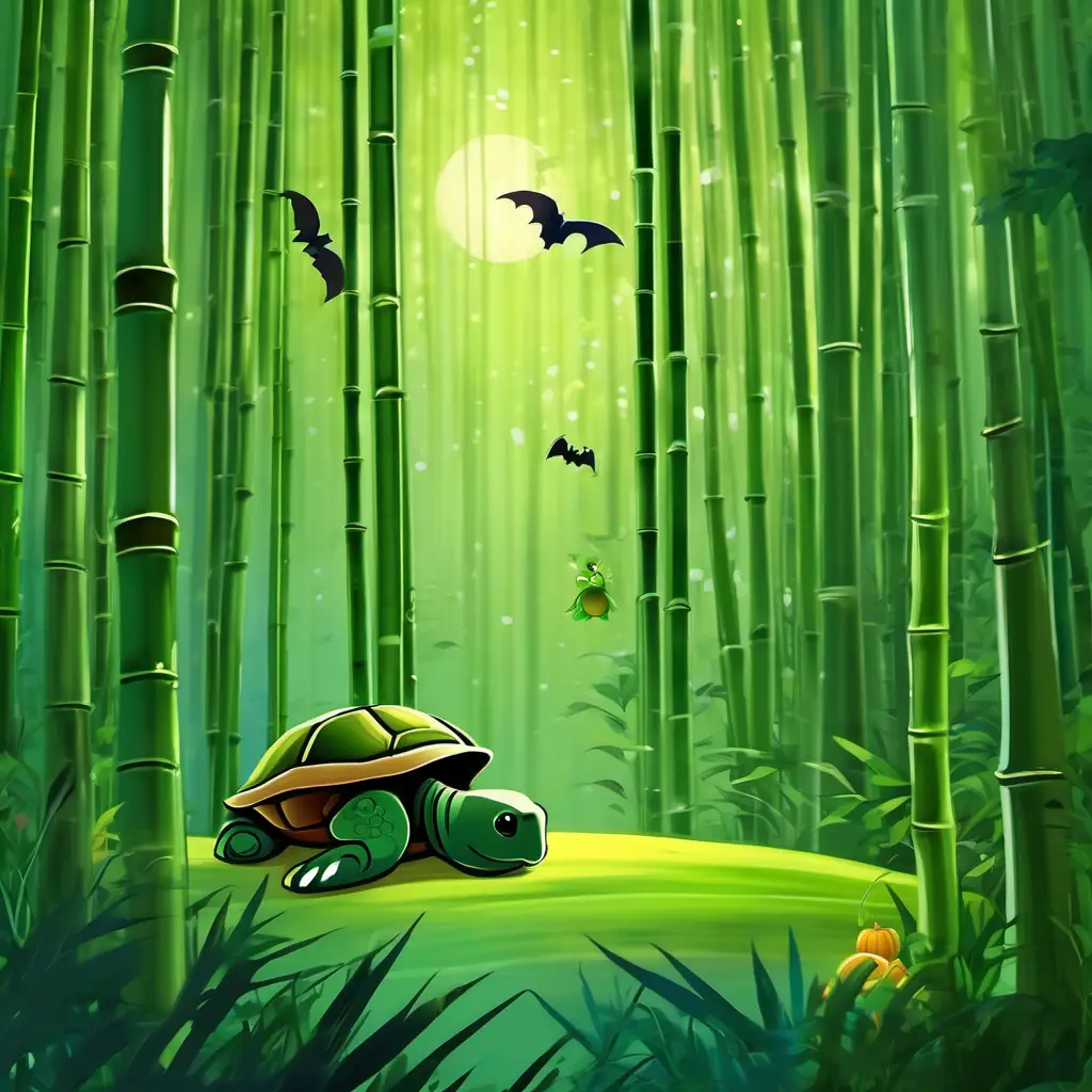 Tall green bamboo tree that sways gently in the breeze and Small turtle with a dark green shell and kind, twinkling eyes having a conversation, surrounded by other forest animals.