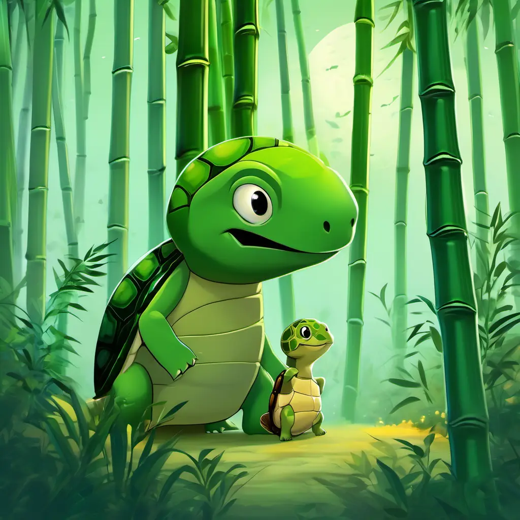 Tall green bamboo tree that sways gently in the breeze and Small turtle with a dark green shell and kind, twinkling eyes enjoying each other's company, surrounded by nature.