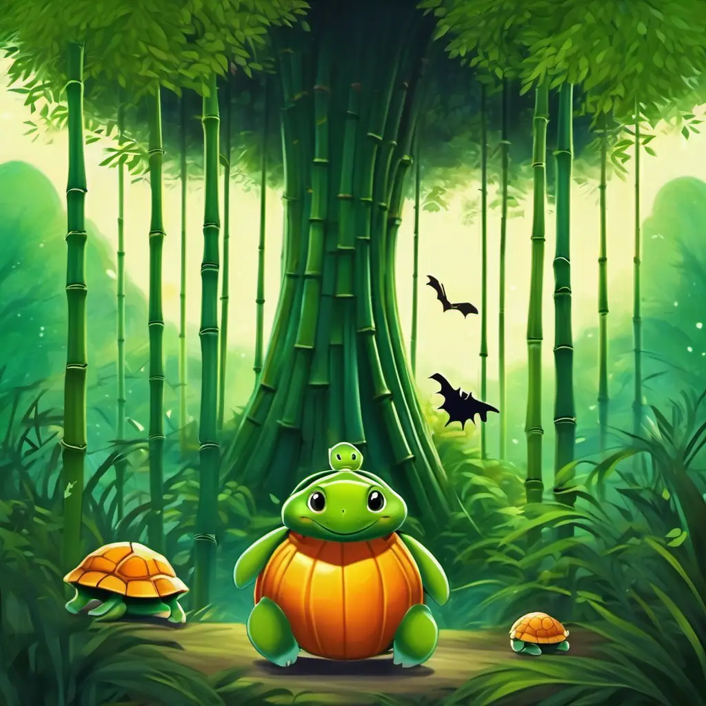 Tall green bamboo tree that sways gently in the breeze and Small turtle with a dark green shell and kind, twinkling eyes surrounded by a harmonious forest of animals, showing friendship and respect.