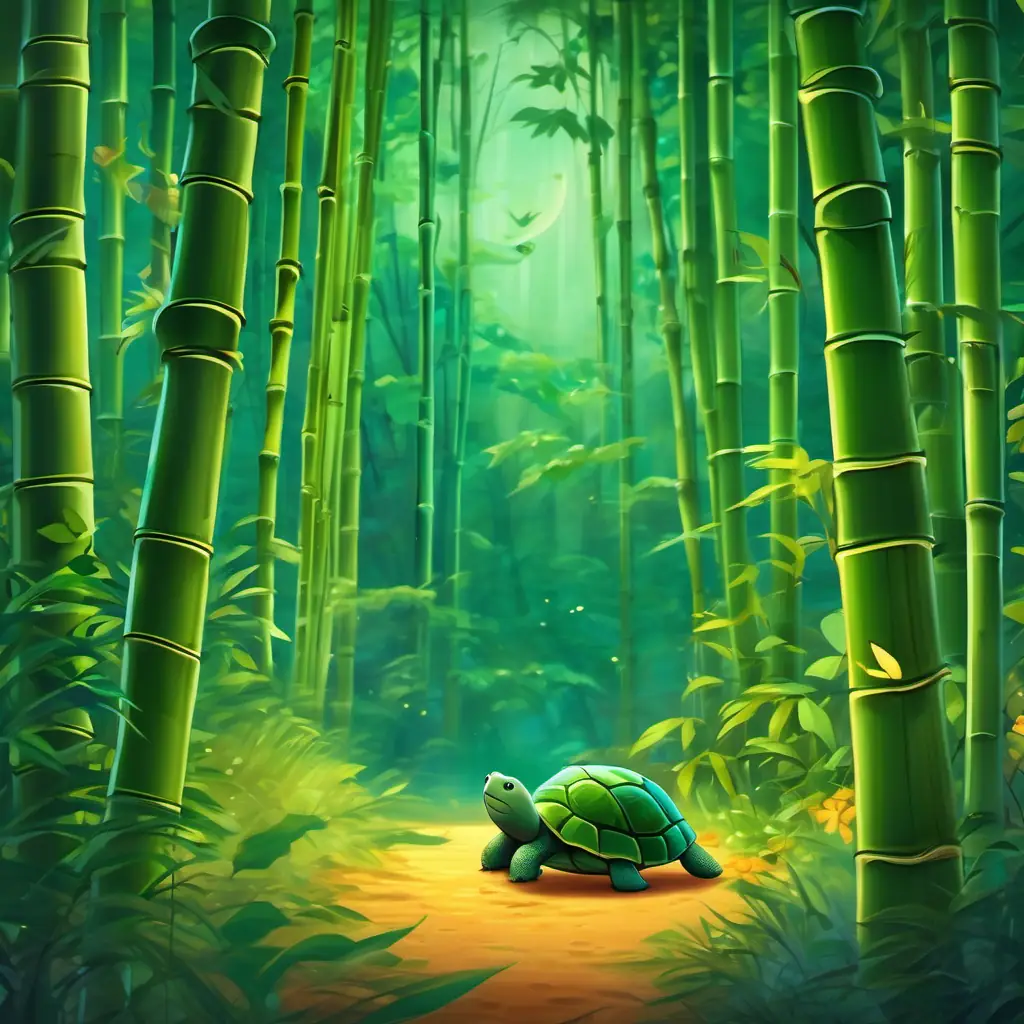 Tall green bamboo tree that sways gently in the breeze and Small turtle with a dark green shell and kind, twinkling eyes surrounded by a forest full of animals, showing love, kindness, and acceptance.