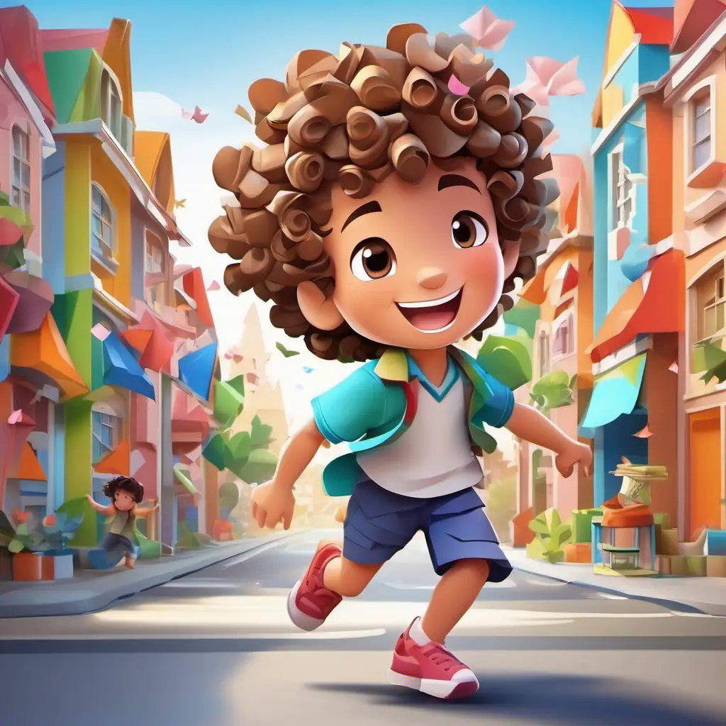 In a colorful and bustling town, Curly hair, rosy cheeks, mischievous grin, energetic, playful, a mischievous boy with curly hair and rosy cheeks, is running through the streets, playing and causing a playful commotion.