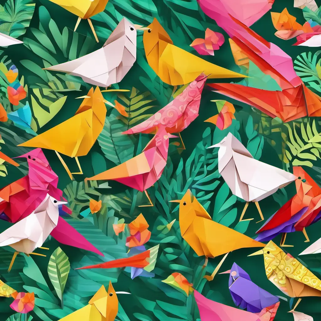 In the lively jungle with tall, swaying trees and colorful birds, Curly hair, rosy cheeks, mischievous grin, energetic, playful is laughing and twirling around, amazed by the vibrant sights and sounds.