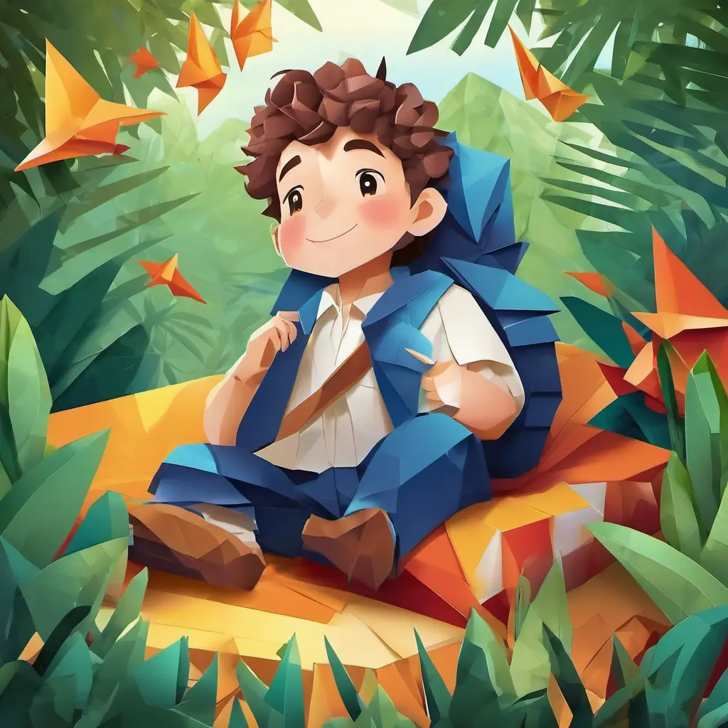 As the sky darkens, Curly hair, rosy cheeks, mischievous grin, energetic, playful looks concerned and starts rubbing his tummy, feeling hungry and lost in the jungle.
