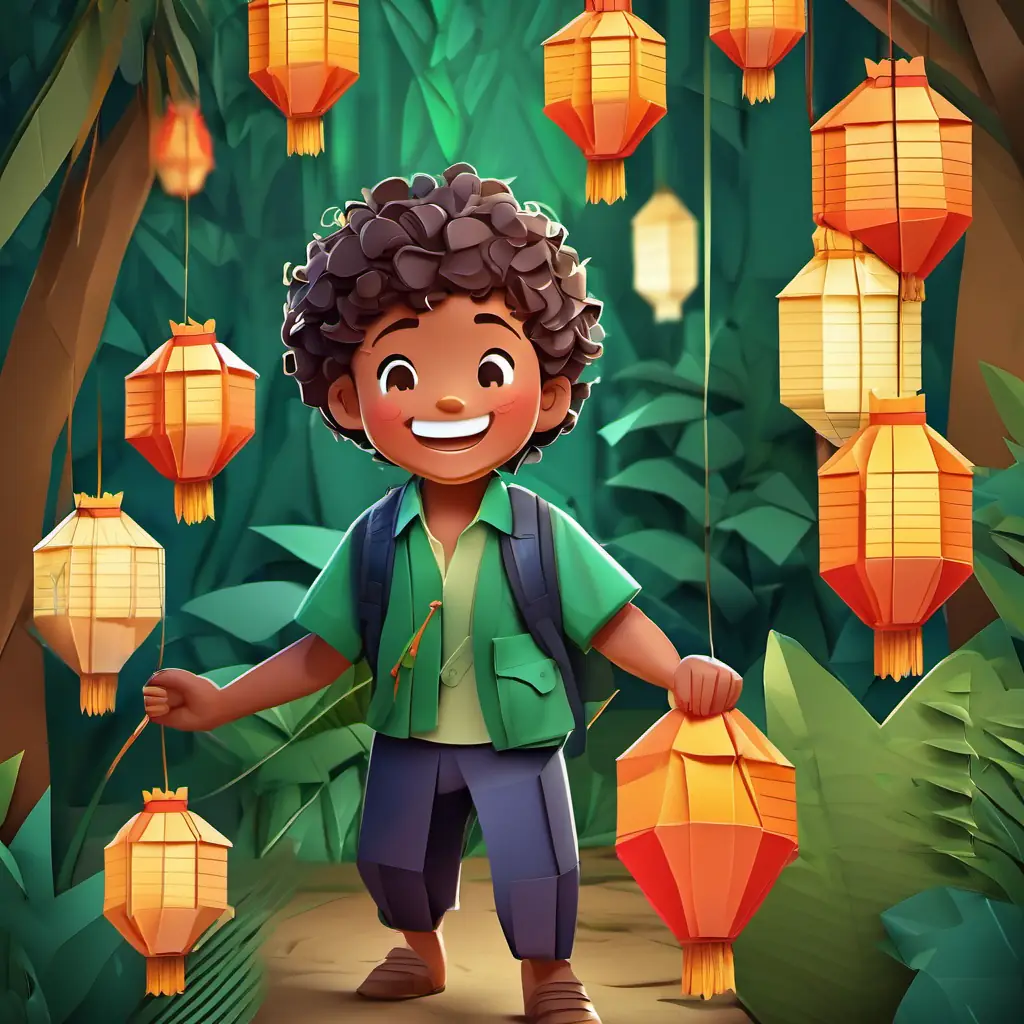 In the jungle, Curly hair, rosy cheeks, mischievous grin, energetic, playful sees his parents approaching with lanterns, calling his name. He shows a big smile and hugs them tightly.