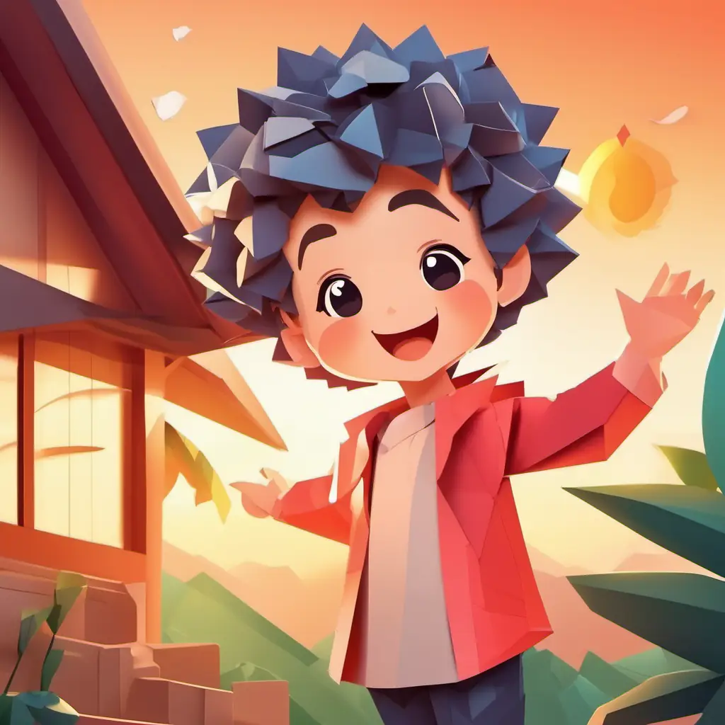 Curly hair, rosy cheeks, mischievous grin, energetic, playful and his parents are waving to the readers, with smiles and a playful wink, while the sun sets in the background.