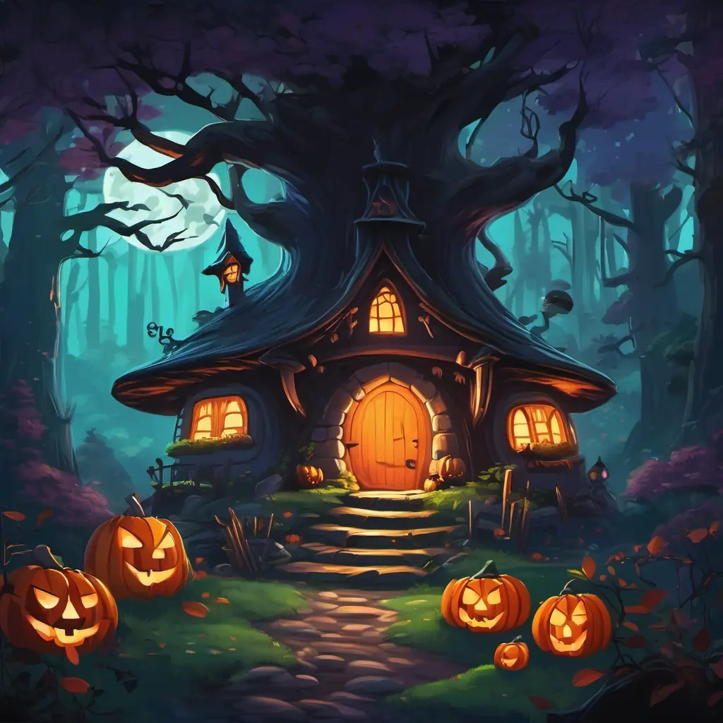 In a dark forest, where trees loomed like giants, stood a cozy witch cottage with a flickering cauldron.