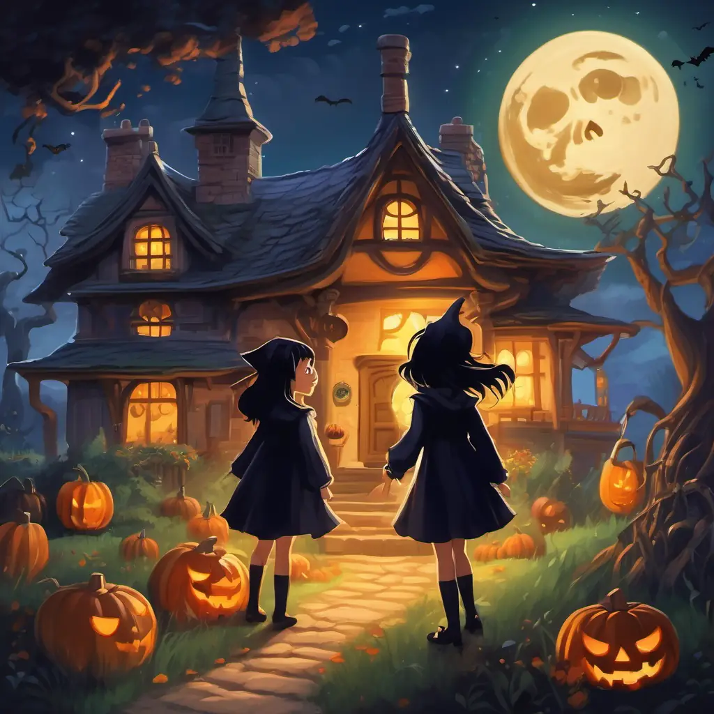 A young witch with a kind heart, long black hair, and a friendly smile's cottage was filled with laughter and excitement as all the monsters gathered together. The moon shone brightly, casting an eerie yet warm glow on their faces.