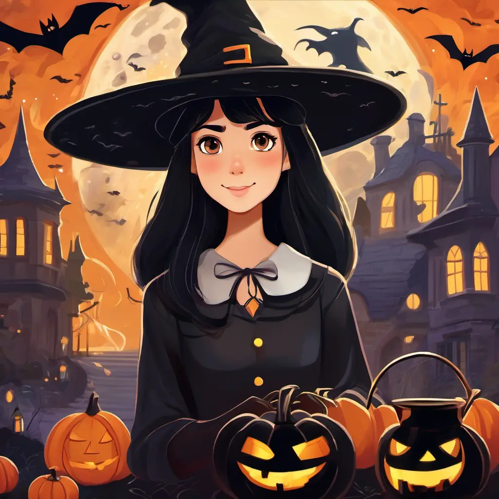 The monsters gathered around A young witch with a kind heart, long black hair, and a friendly smile, their eyes wide with curiosity. A young witch with a kind heart, long black hair, and a friendly smile stood tall, her black witch hat gleaming in the moonlight.