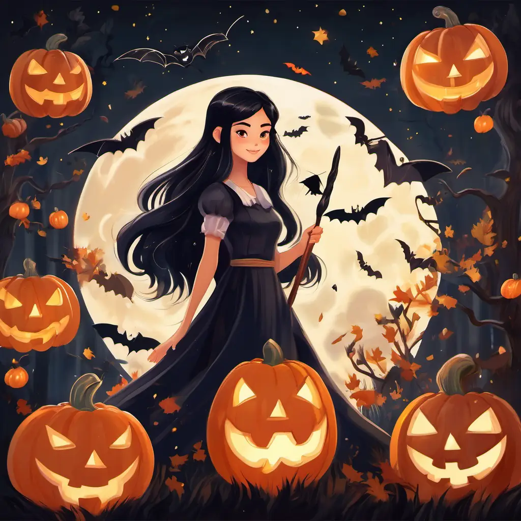 A young witch with a kind heart, long black hair, and a friendly smile waved her wand, and sparkles filled the air as mirrors appeared in the hands of the monsters, reflecting their true selves.