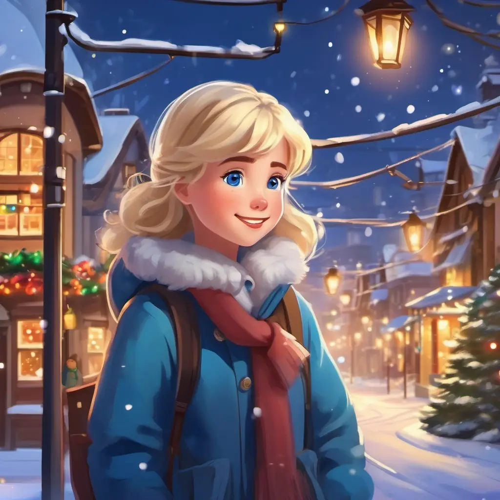 Cozy snowy town, Blonde hair, blue eyes, joyful spirit, family, Christmas lights