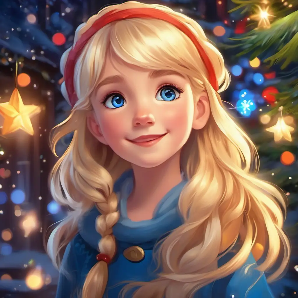 Magical Christmas Eve, glowing lights, Blonde hair, blue eyes, joyful spirit, enchanting journey