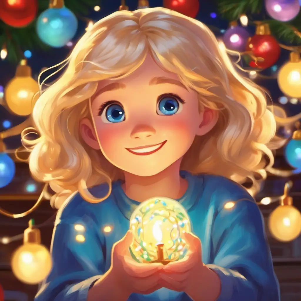 Blonde hair, blue eyes, joyful spirit, magical friends, spreading joy, Christmas lights