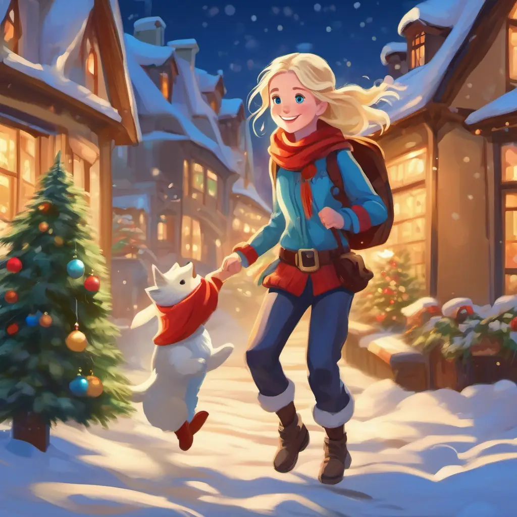 Blonde hair, blue eyes, joyful spirit returning home, carrying lessons of kindness, magic of Christmas