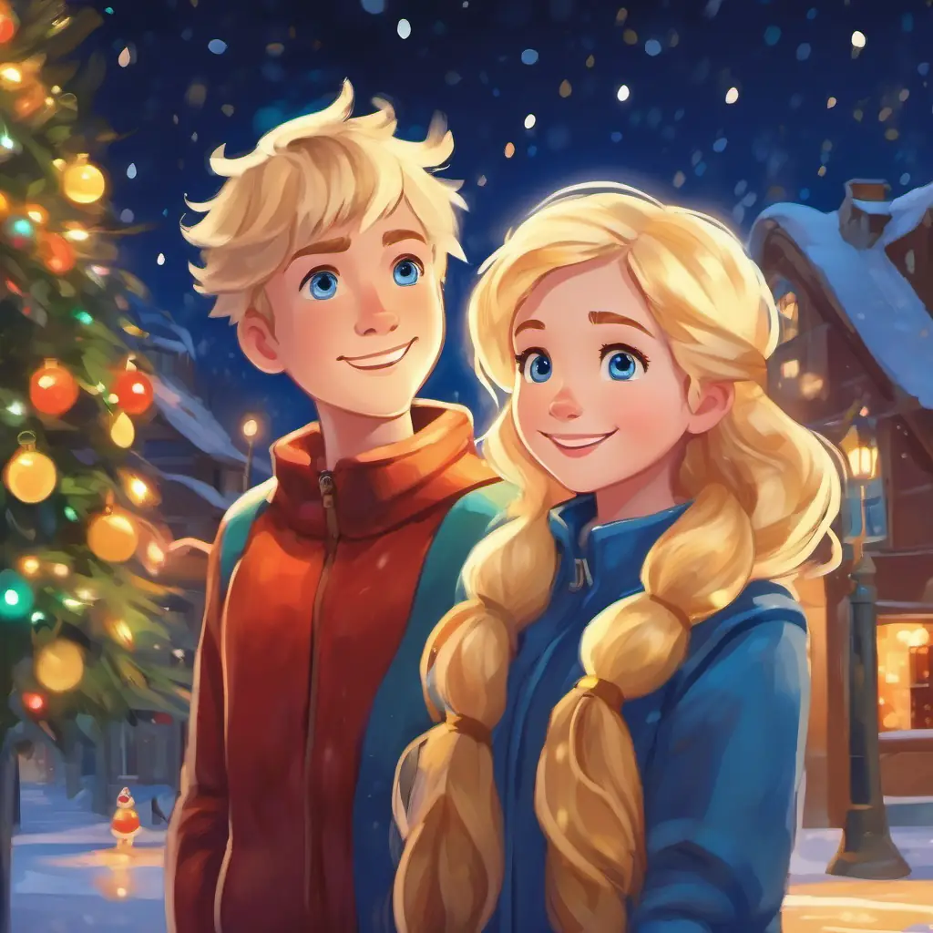 Blonde hair, blue eyes, joyful spirit's love for Christmas lights, filling town with warmth and joy