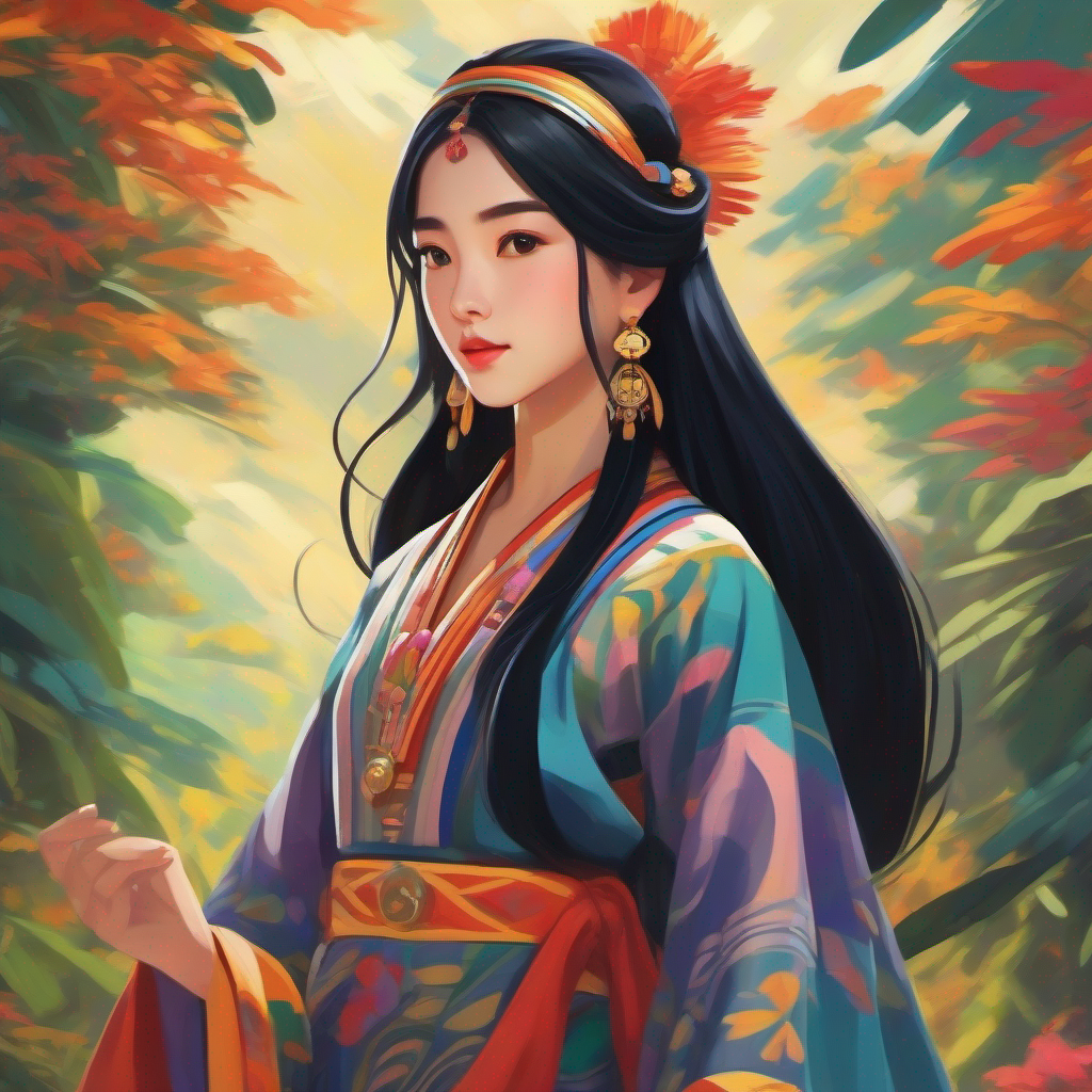 Maya with long black hair, wearing colorful traditional dress with long black hair, wearing colorful traditional dress