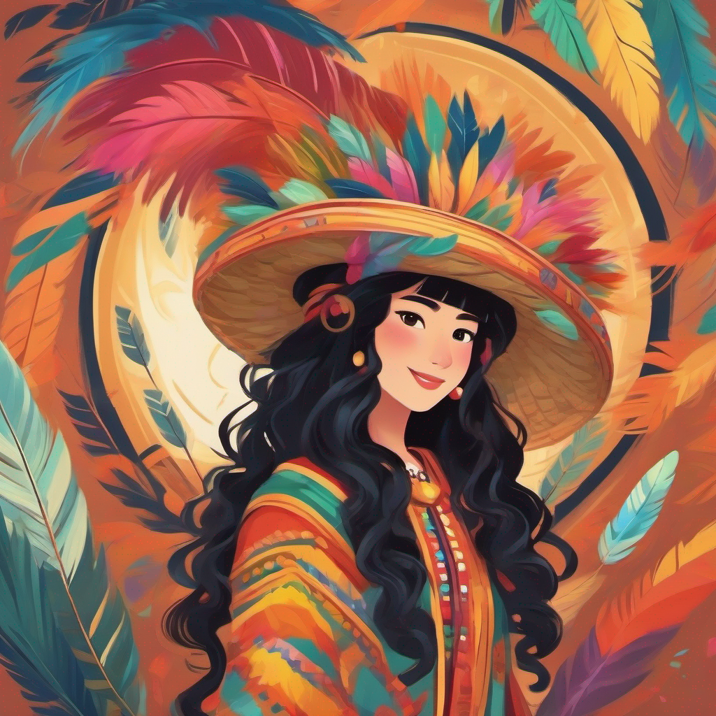 Maya with long black hair, wearing colorful traditional dress and Kiko with curly hair, wearing woven hat adorned with feathers smiling, engaged in cultural exchange