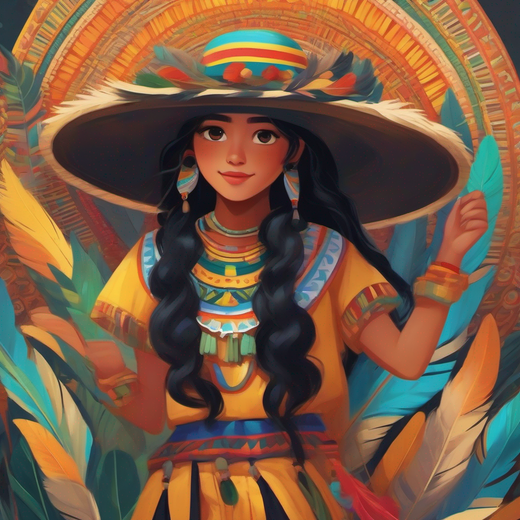 Maya with long black hair, wearing colorful traditional dress and Kiko with curly hair, wearing woven hat adorned with feathers learning about respect and inclusivity