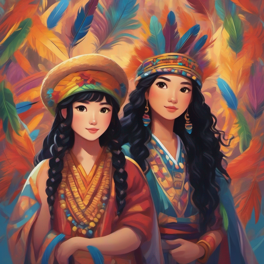 Maya with long black hair, wearing colorful traditional dress and Kiko with curly hair, wearing woven hat adorned with feathers organizing a gathering of celebration