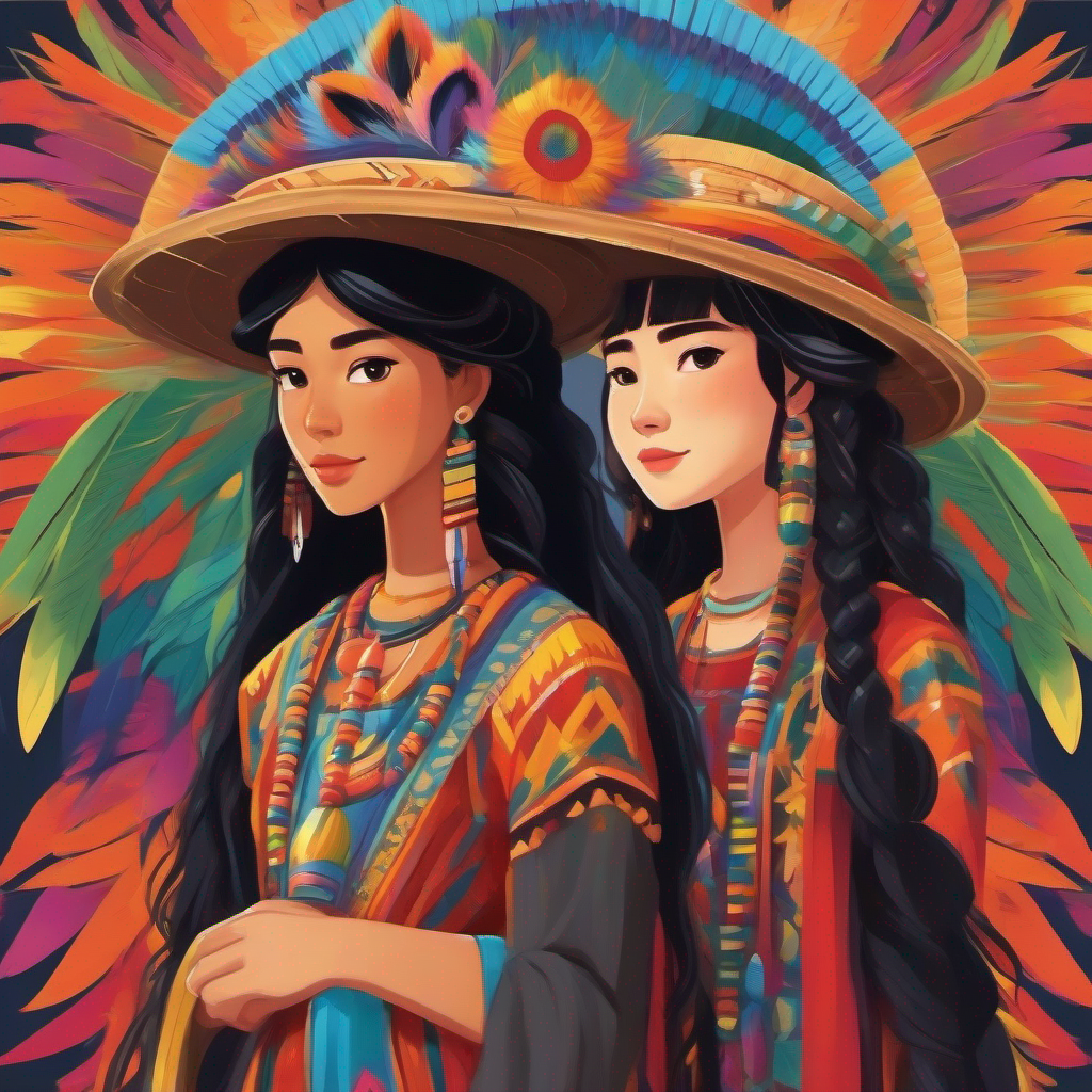 Maya with long black hair, wearing colorful traditional dress and Kiko with curly hair, wearing woven hat adorned with feathers as symbols of celebrating diversity and inclusivity