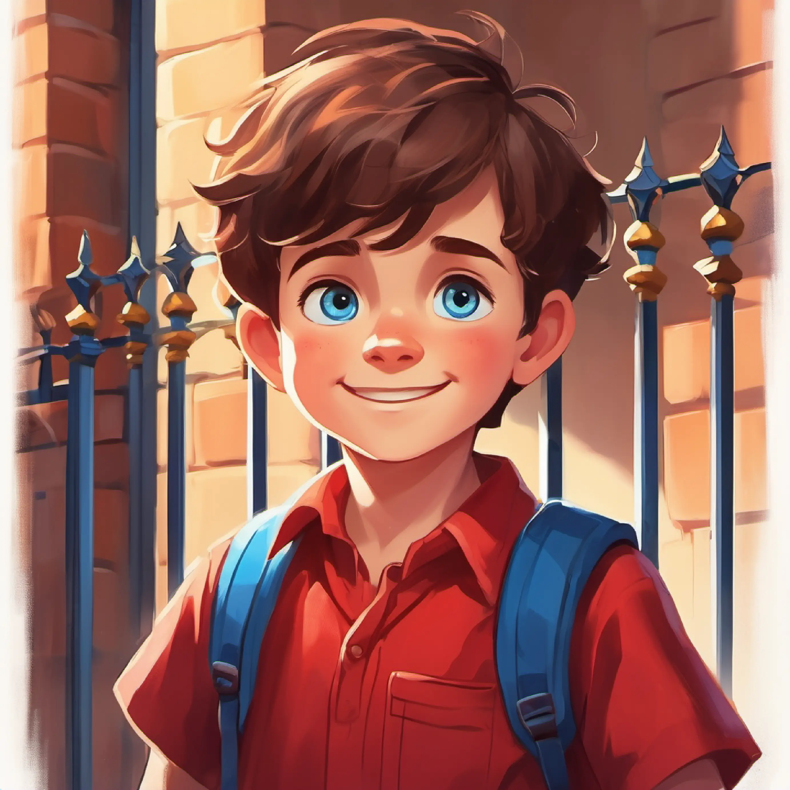 Young boy, short brown hair, bright blue eyes, wearing a red shirt's excited gaze on the tall gates of his new school, feeling hopeful.