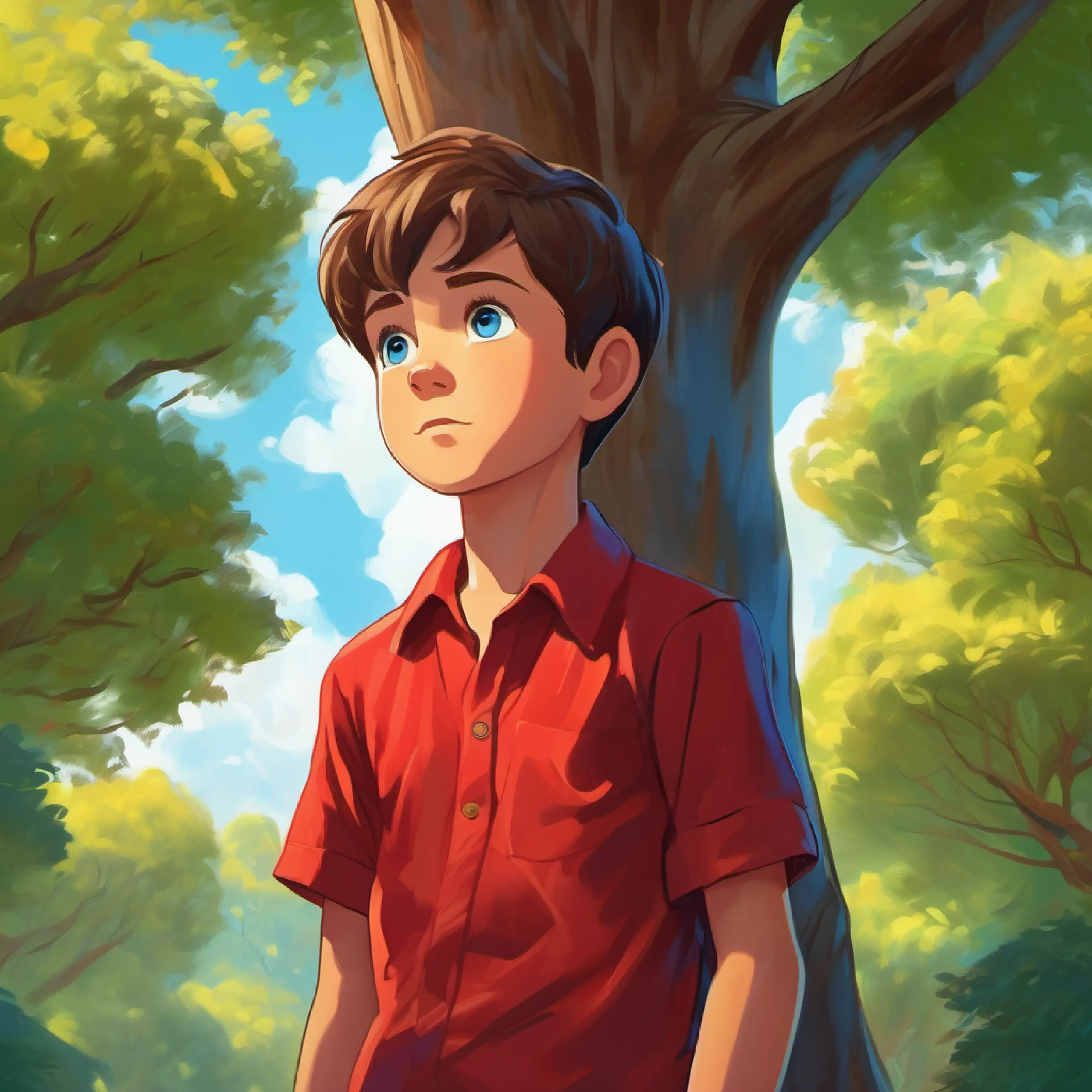 Young boy, short brown hair, bright blue eyes, wearing a red shirt observes a tall tree and feeling an urge to climb it.