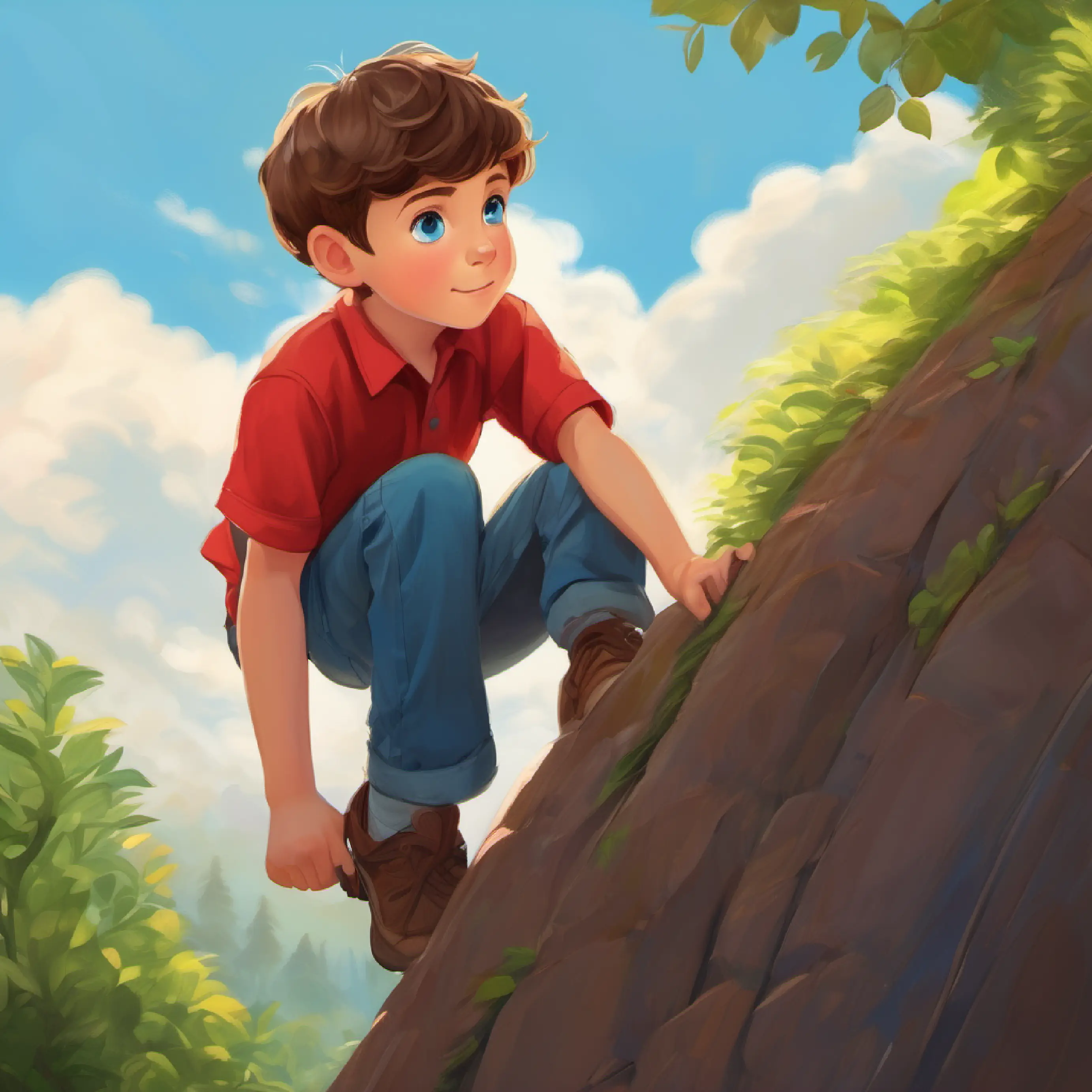 Young boy, short brown hair, bright blue eyes, wearing a red shirt begins to climb, noticing the height.