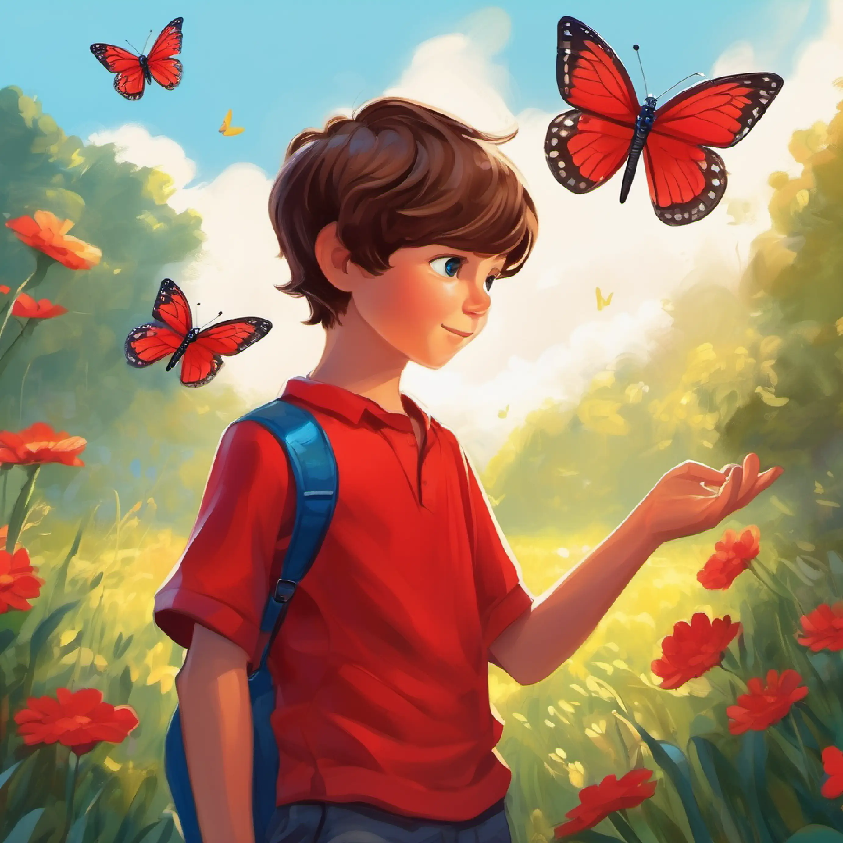 Young boy, short brown hair, bright blue eyes, wearing a red shirt gently catches the butterfly on his hand.