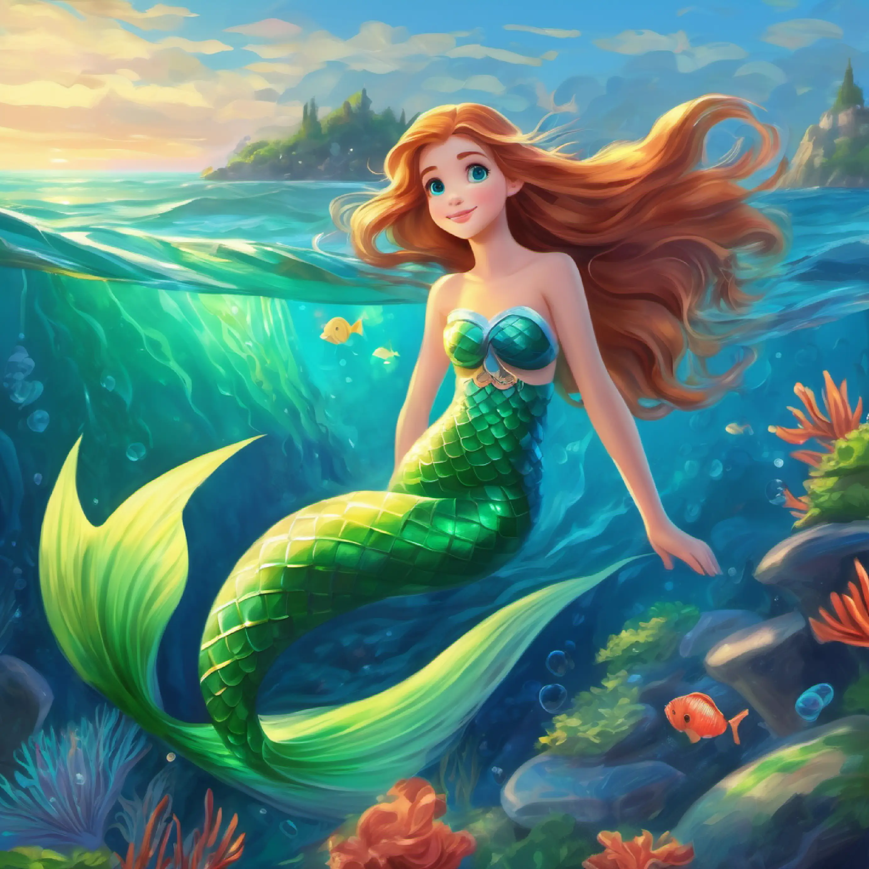 Introduction to Young mermaid with green tail, long hair, curious blue eyes, a mermaid exploring the sea.