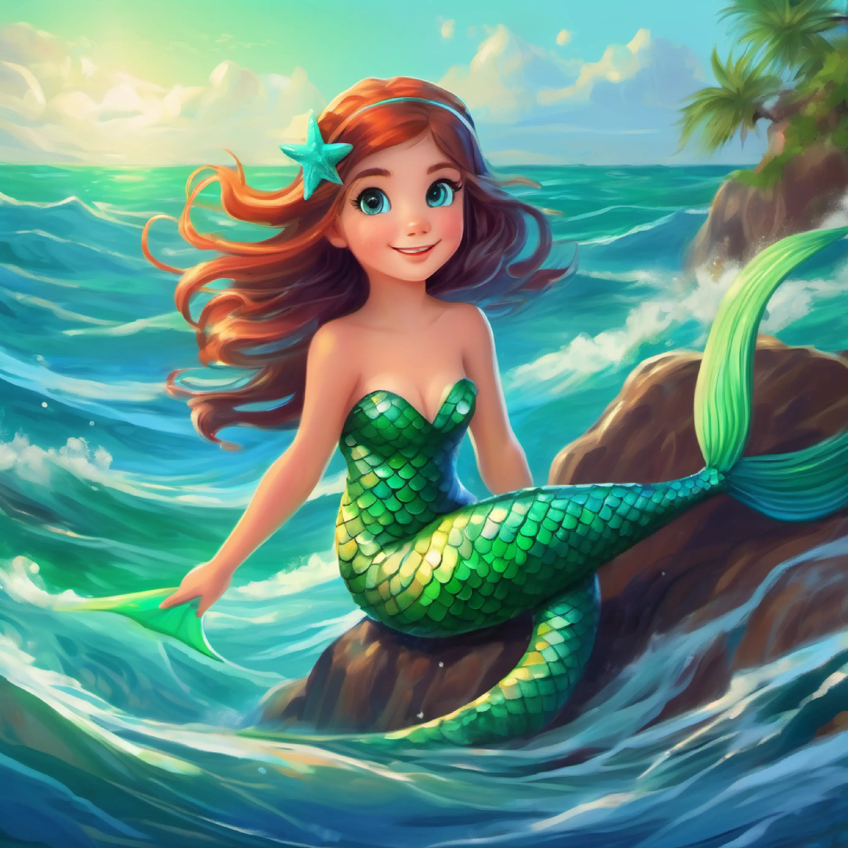 Young mermaid with green tail, long hair, curious blue eyes playing in the sea, showing her playful side.