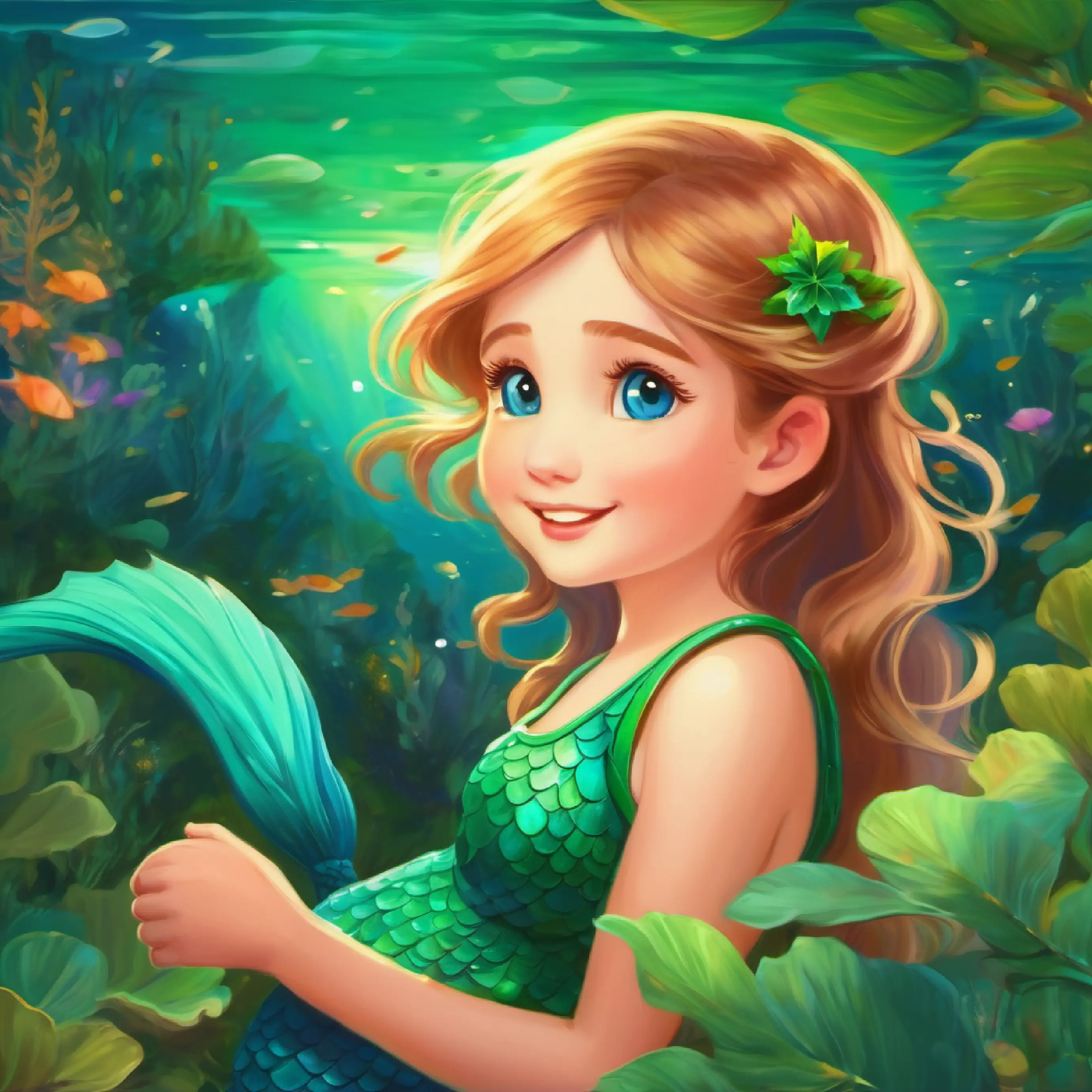 Goodbyes are exchanged, with promises of future visits. Young mermaid with green tail, long hair, curious blue eyes's joy.