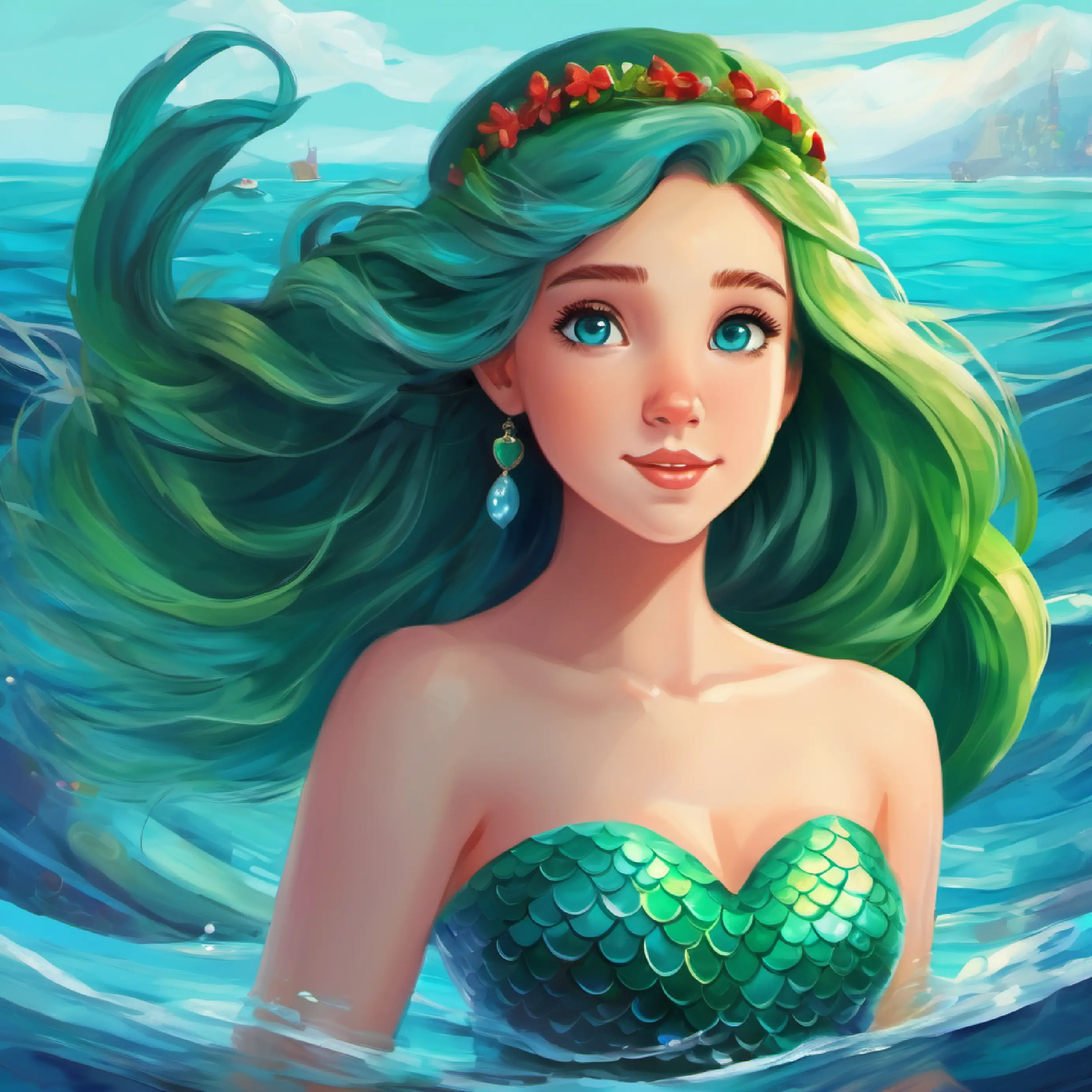 Young mermaid with green tail, long hair, curious blue eyes reflects on friendship and the vast sea.