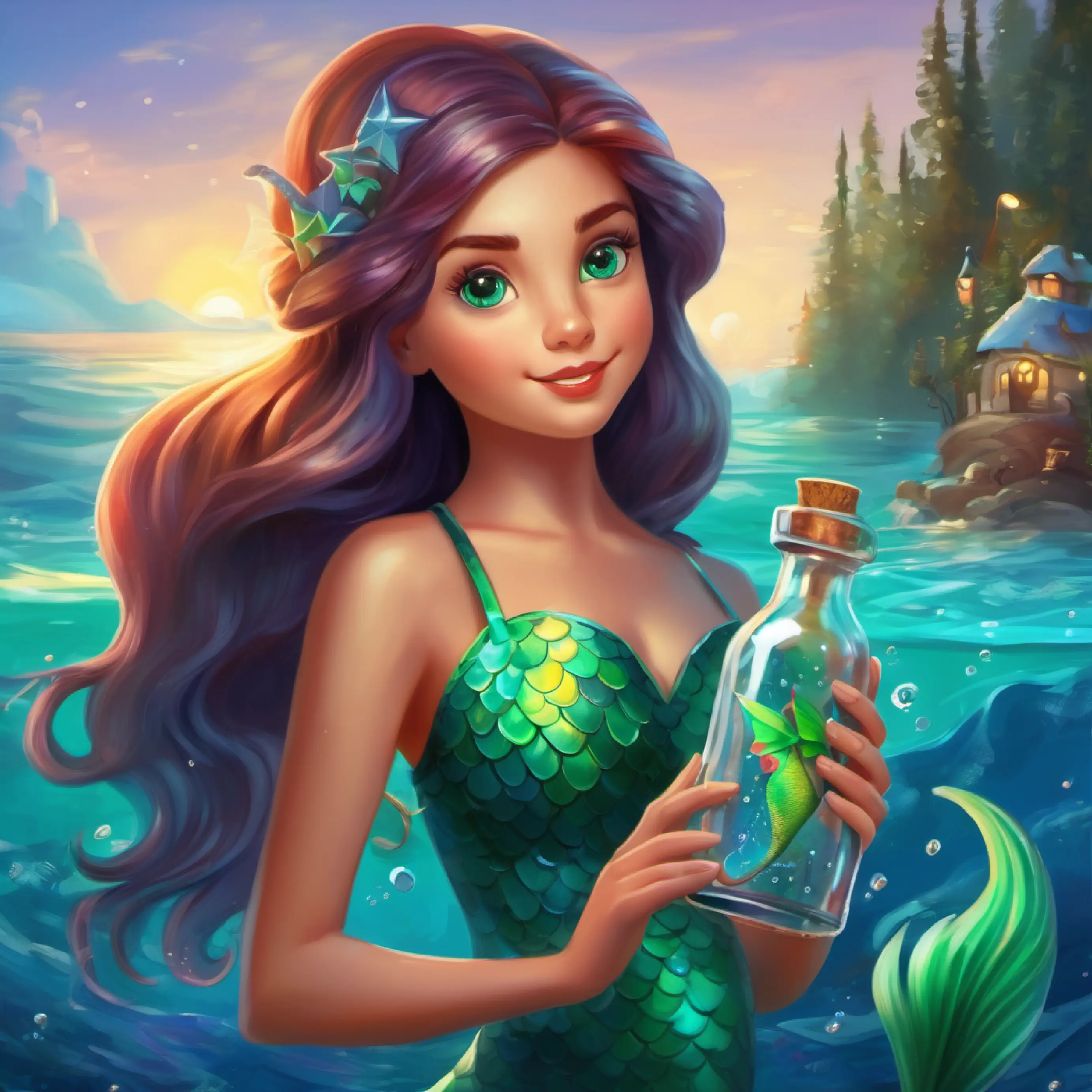 Young mermaid with green tail, long hair, curious blue eyes discovers a mysterious bottle with a message.