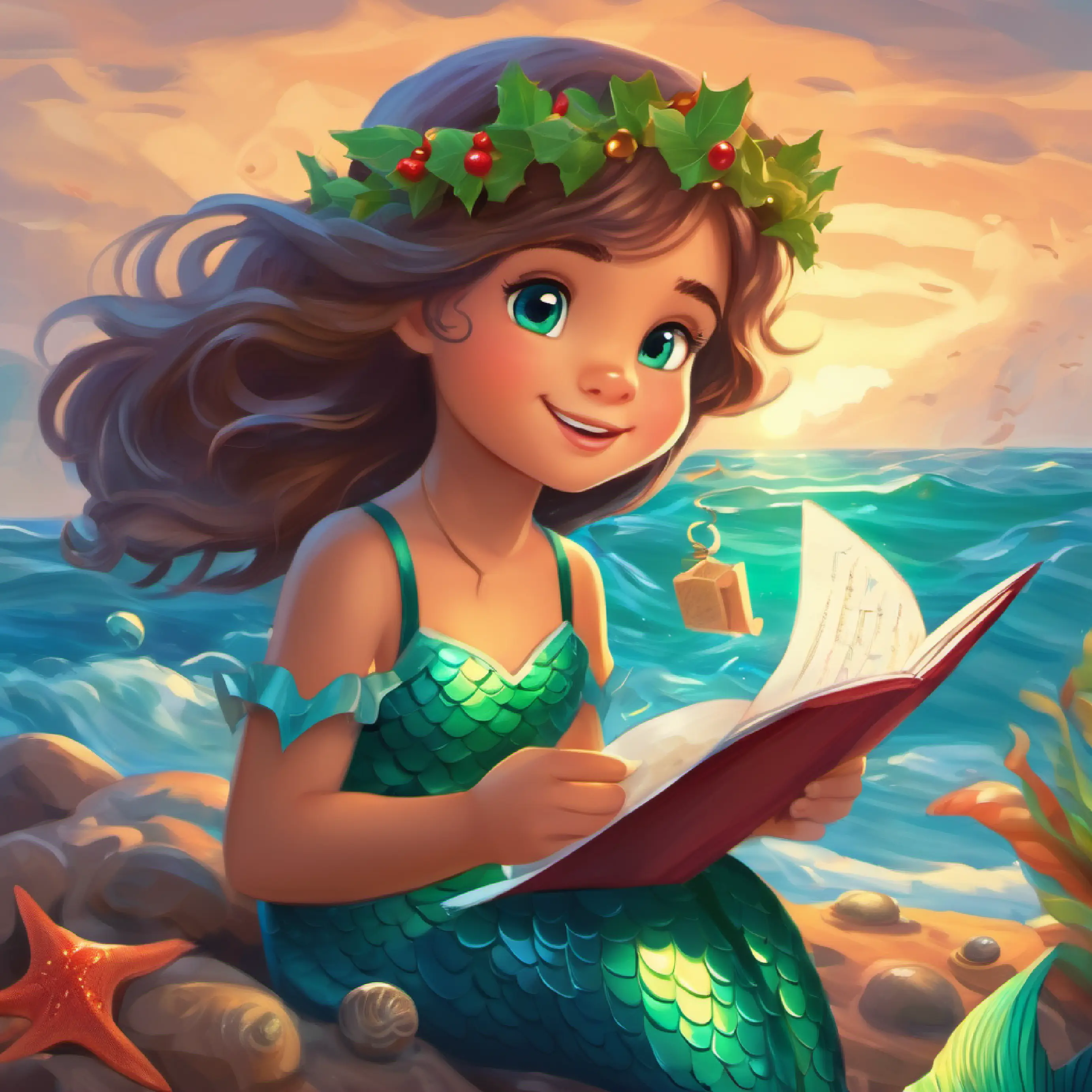 Young mermaid with green tail, long hair, curious blue eyes reads a note from Human boy with sandy hair, friendly brown eyes, loves the sea, wanting a sea friend.