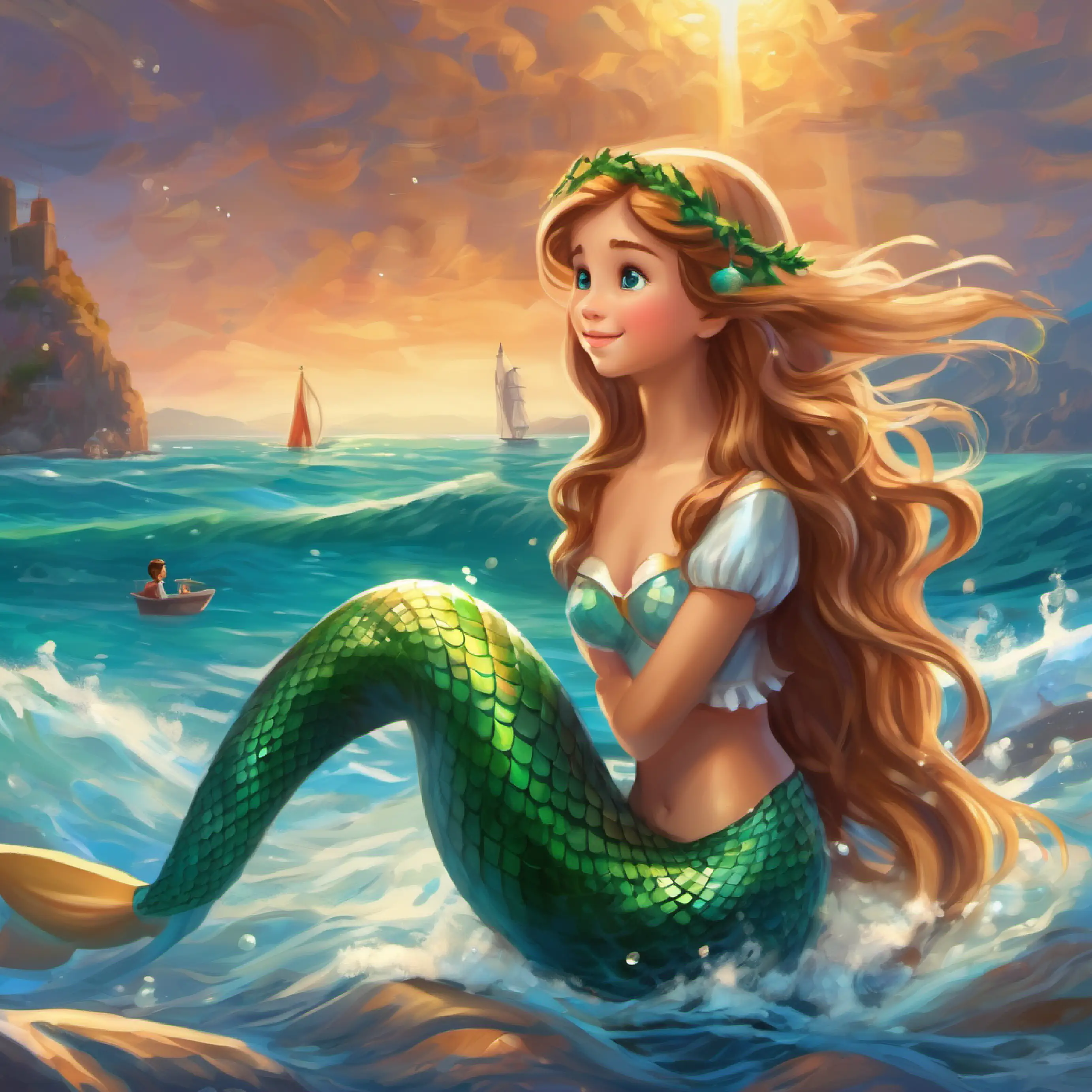 Young mermaid with green tail, long hair, curious blue eyes responds to Human boy with sandy hair, friendly brown eyes, loves the sea's message, sharing her life and inquiring about his.