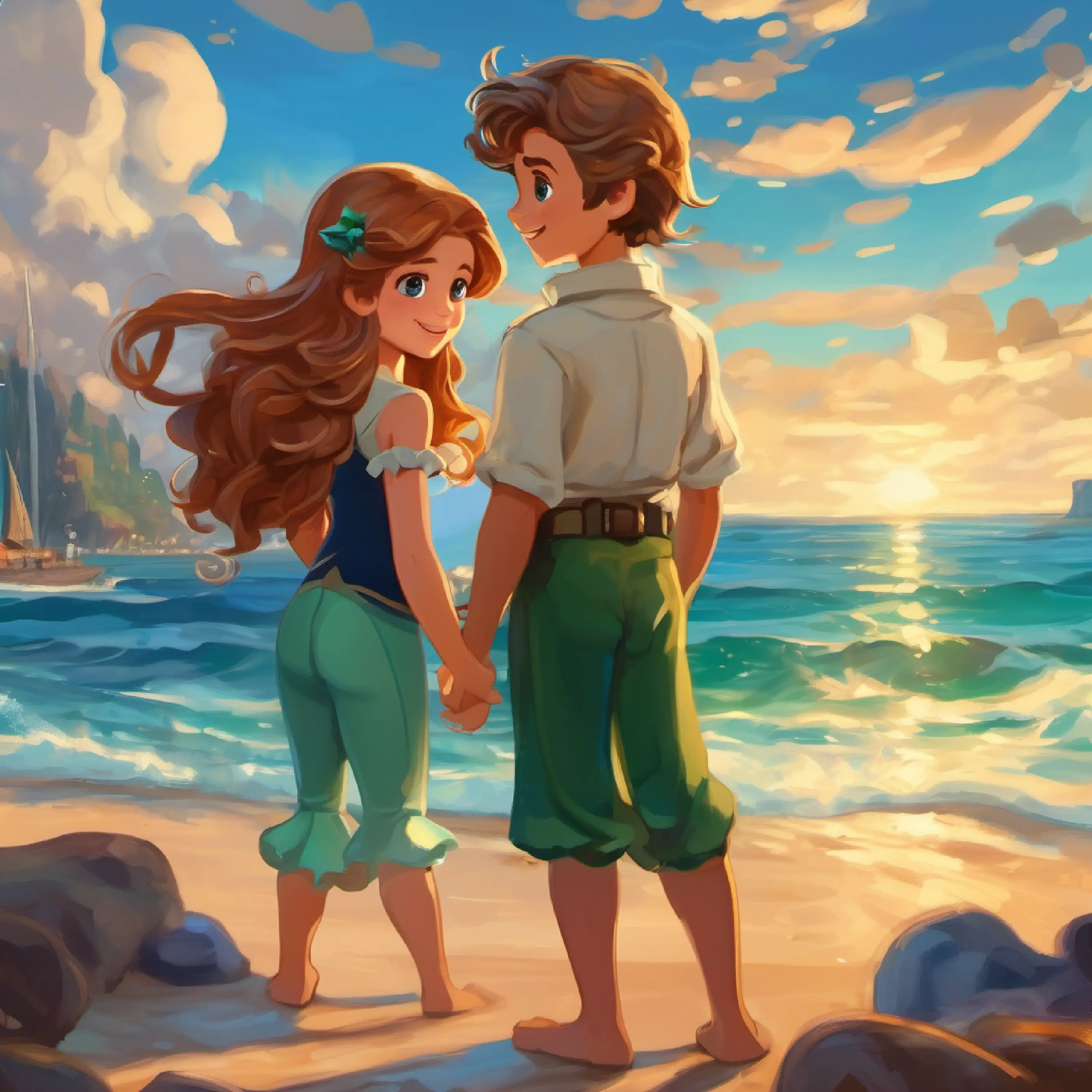 Young mermaid with green tail, long hair, curious blue eyes and Human boy with sandy hair, friendly brown eyes, loves the sea exchange weekly notes, bonding over the ocean.