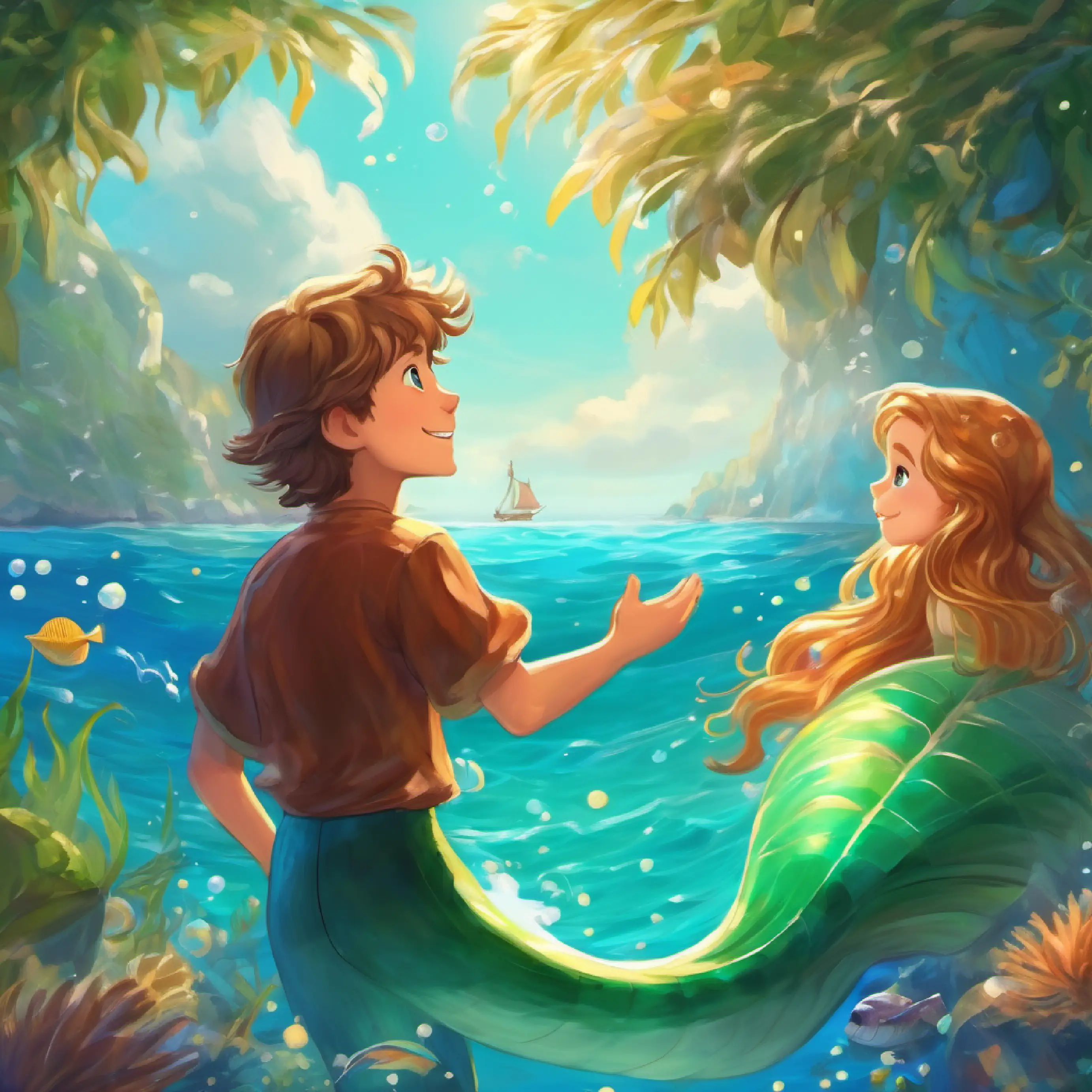 Human boy with sandy hair, friendly brown eyes, loves the sea asks to meet, and Young mermaid with green tail, long hair, curious blue eyes feels nervous yet excited.