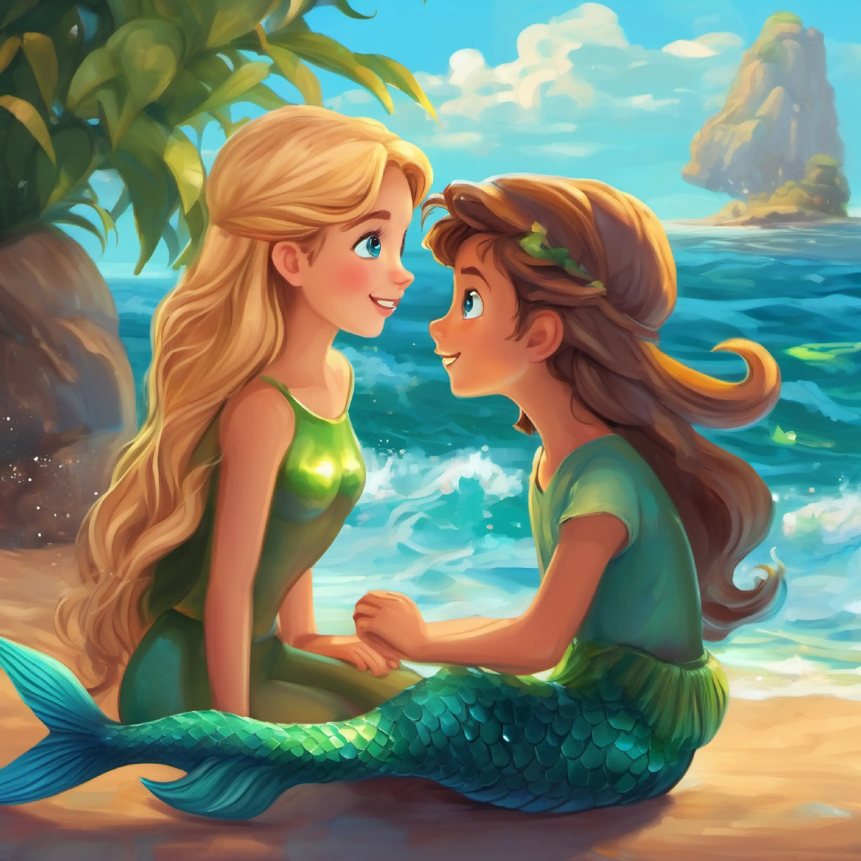 Young mermaid with green tail, long hair, curious blue eyes seeks advice, gets encouraged to meet Human boy with sandy hair, friendly brown eyes, loves the sea.