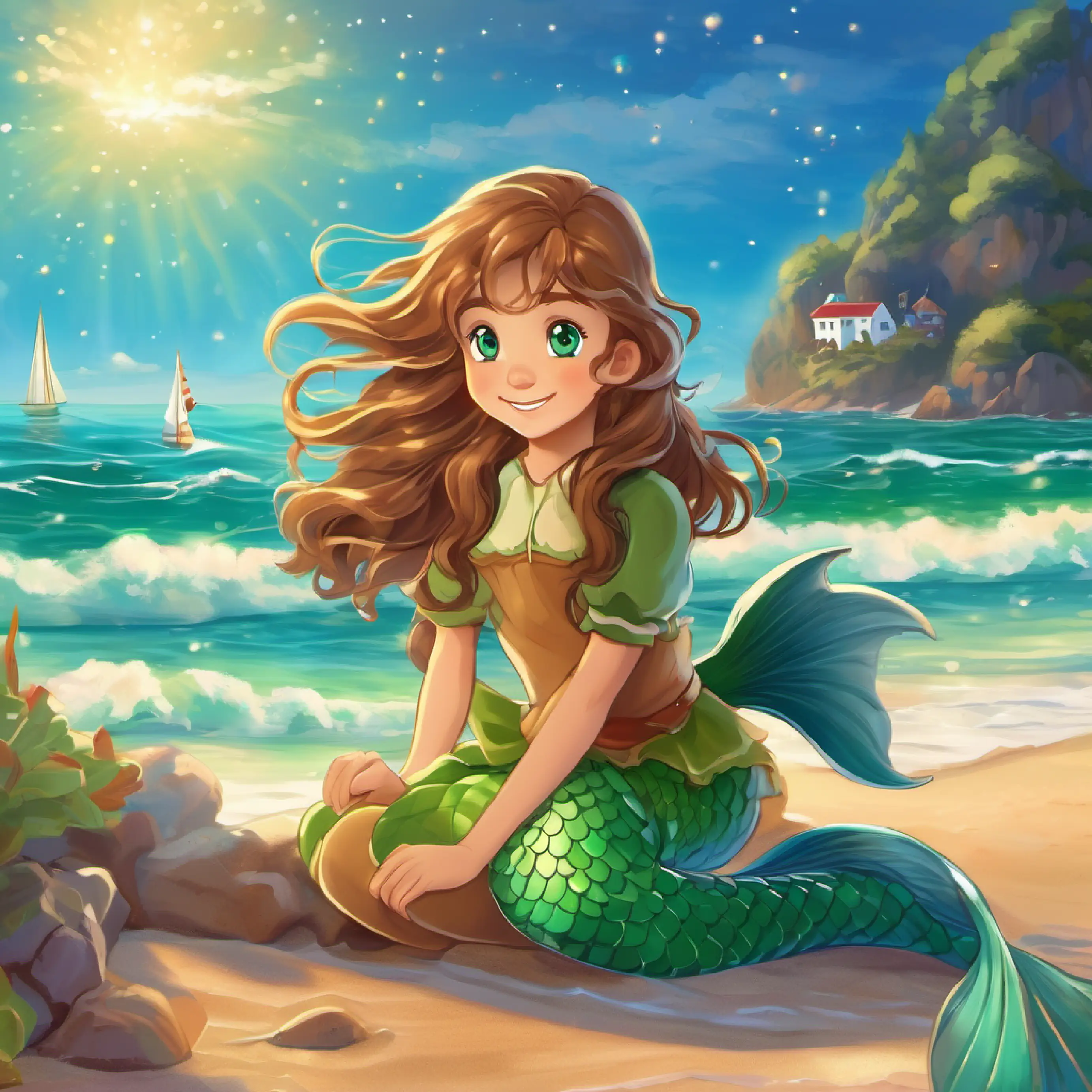 Young mermaid with green tail, long hair, curious blue eyes and Human boy with sandy hair, friendly brown eyes, loves the sea meet at the shore, Human boy with sandy hair, friendly brown eyes, loves the sea smiles, Young mermaid with green tail, long hair, curious blue eyes waves.