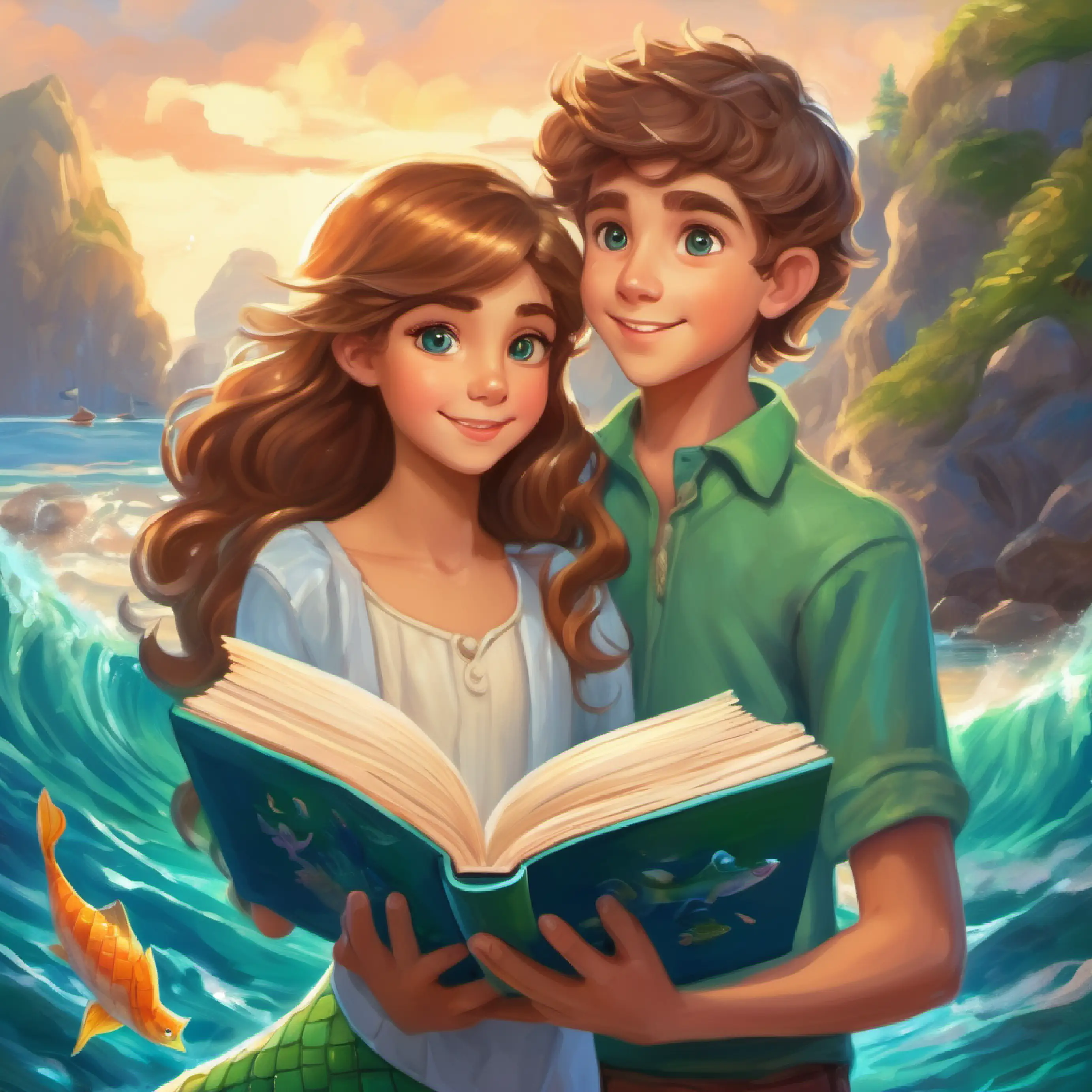 Sharing interests, Human boy with sandy hair, friendly brown eyes, loves the sea with his book, Young mermaid with green tail, long hair, curious blue eyes with her shells.